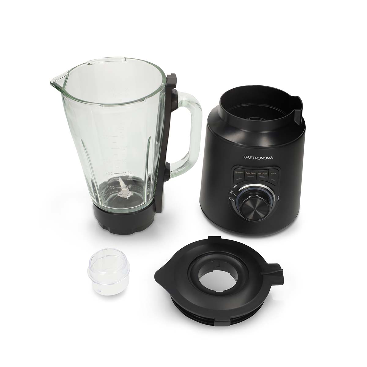Ein zerlegter schwarzer Standmixer mit Glasbehälter, Sockel, Deckel und kleiner Kappe auf weißem Hintergrund.