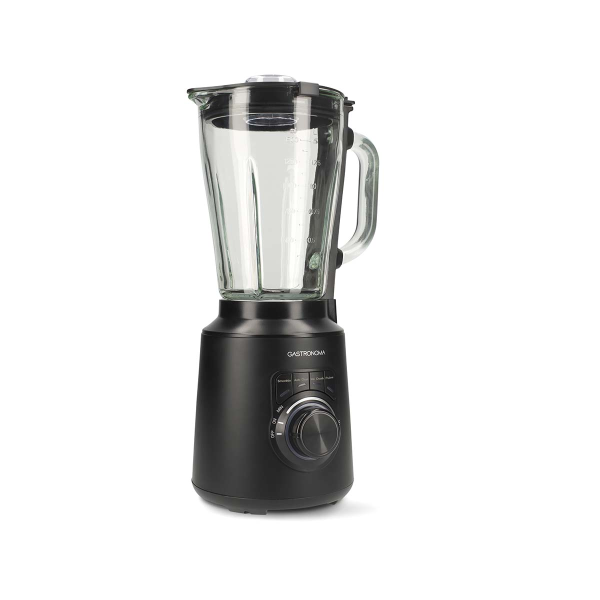 Ein schwarzer Standmixer mit Glasbehälter steht vor einem weißen Hintergrund.