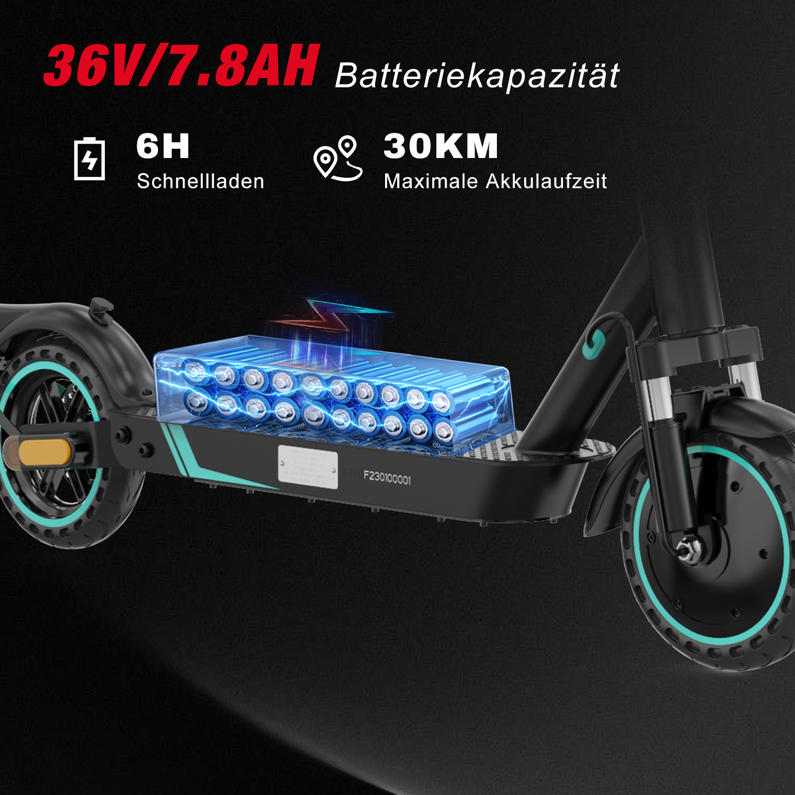 E-Scooter mit sichtbarem Akku, 36V/7.8Ah Kapazität, 6h Ladezeit und 30km Reichweite.