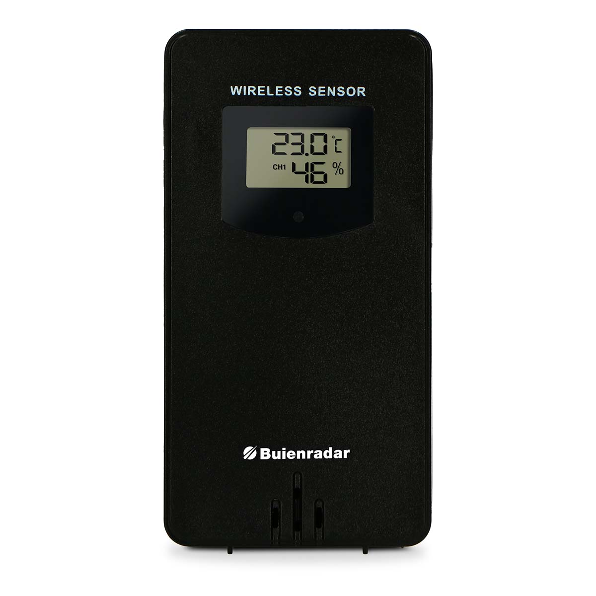 Schwarzer Funksensor mit digitalem Display für Temperatur und Luftfeuchtigkeit, beschriftet mit Buienradar.