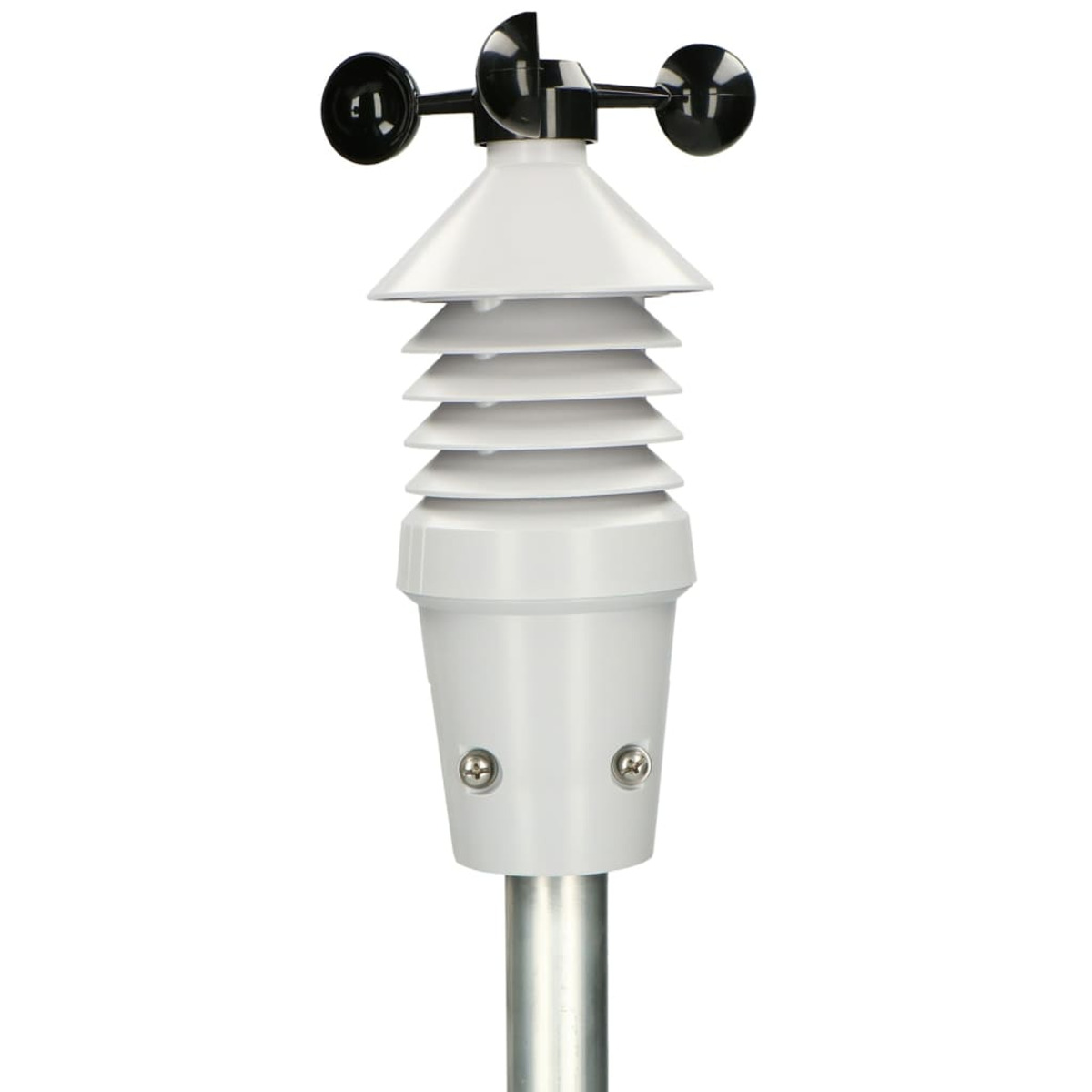 Wetterstation auf Mast mit schwarzem Anemometer und weißem Strahlungsschutz.