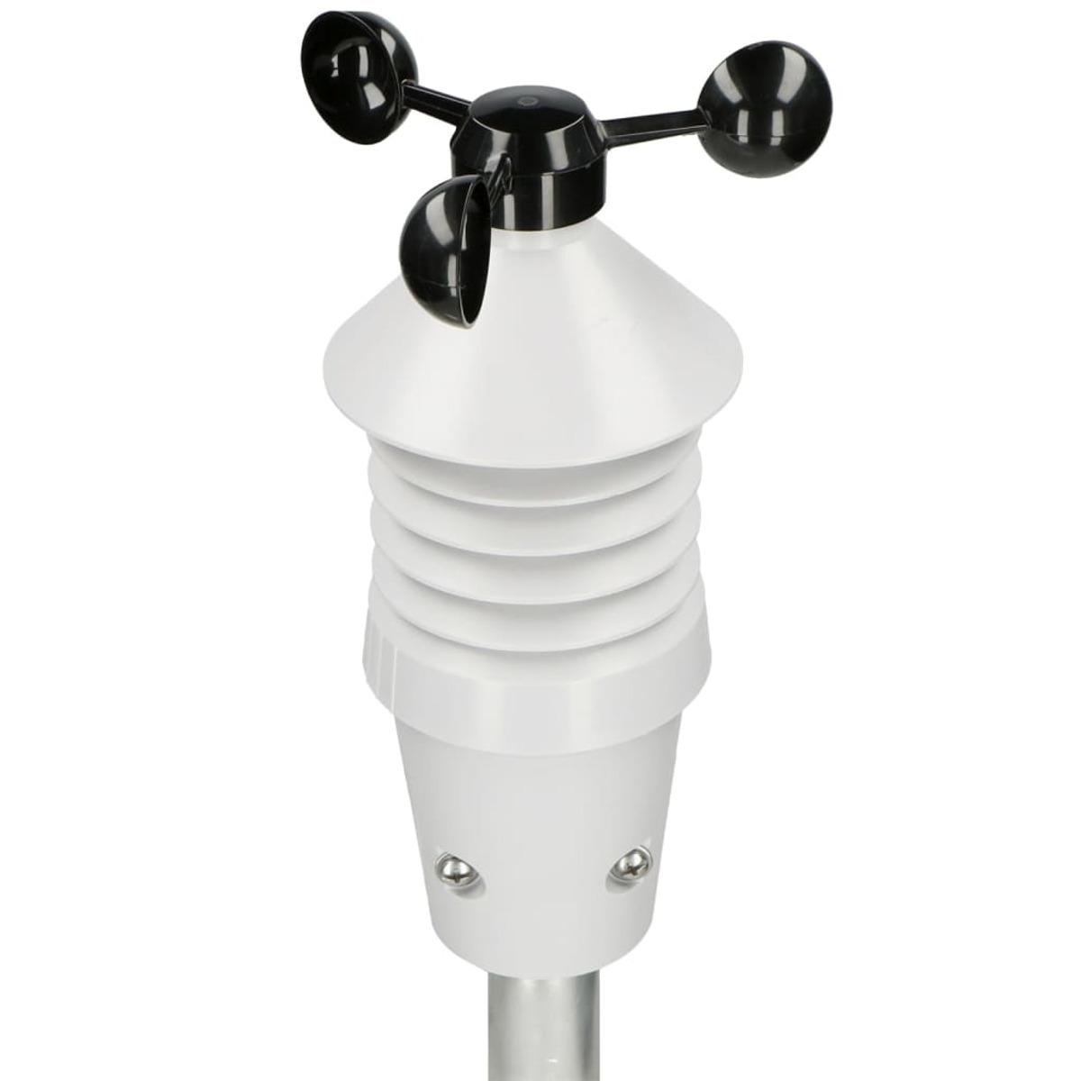 Wetterstation-Sensor mit schwarzem Anemometer oben und weißem Strahlungsschutz.