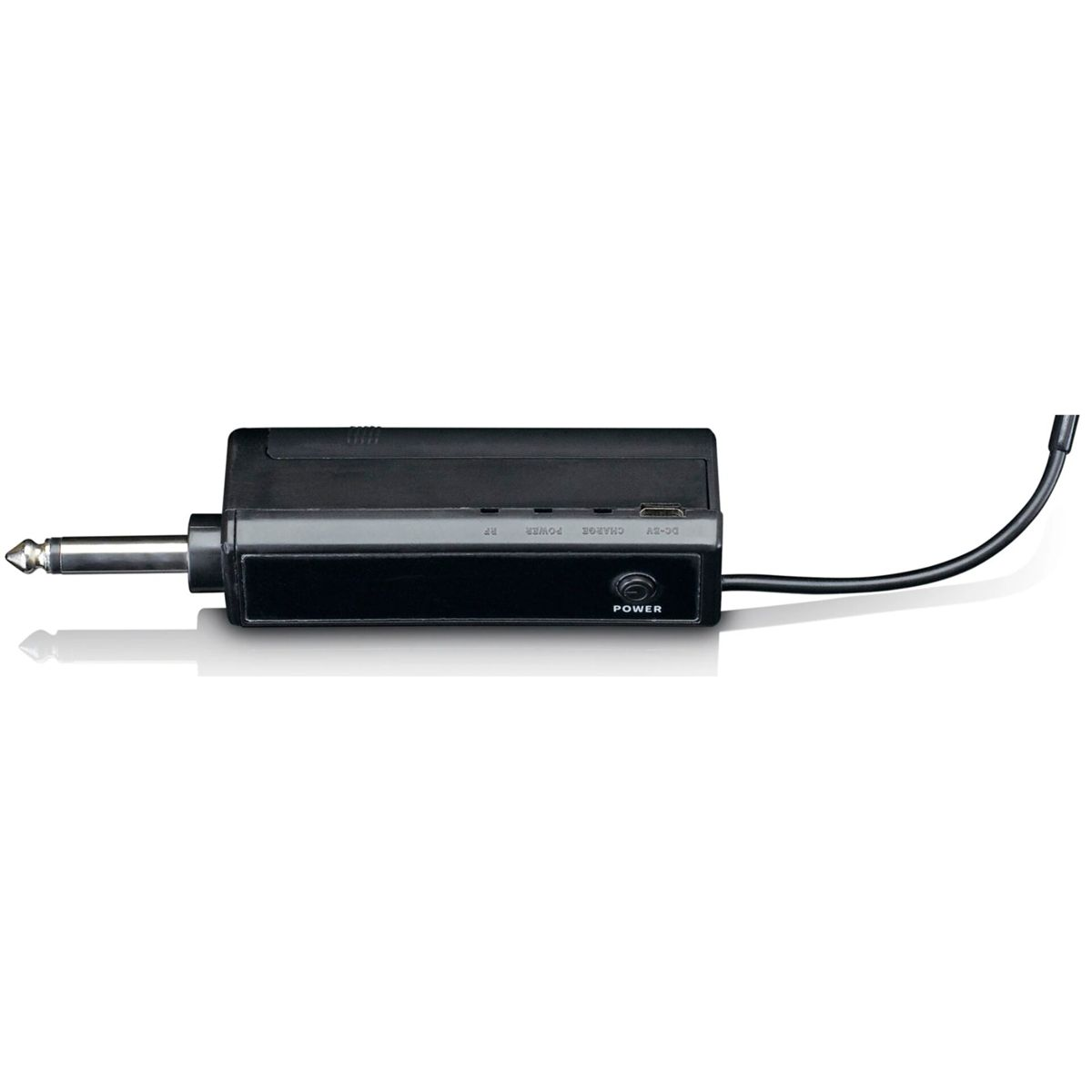 A black wireless audio transmitter with a silver jack plug and power button against a white background.