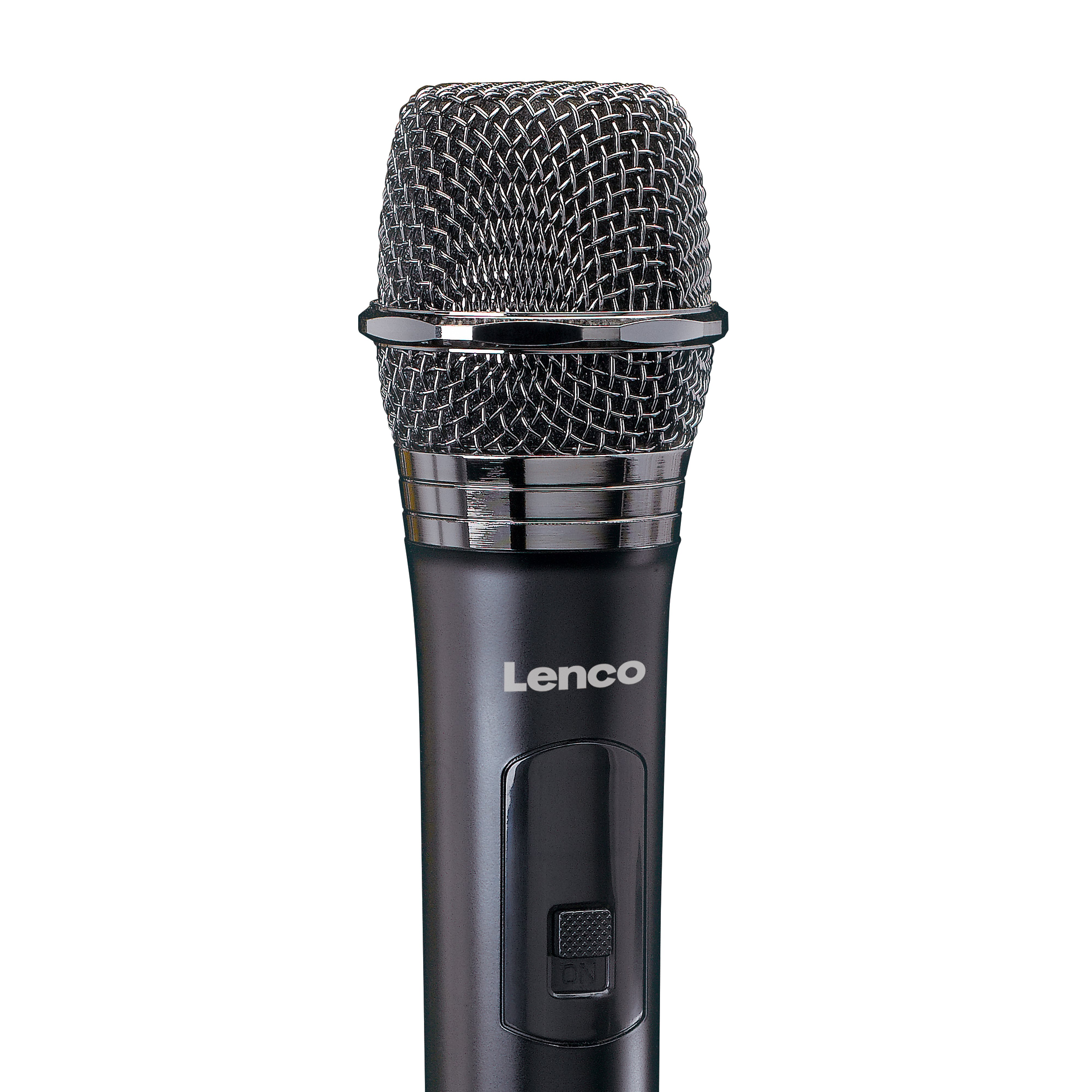 A black Lenco microphone with a metal mesh grille and an on-off switch on a white background.