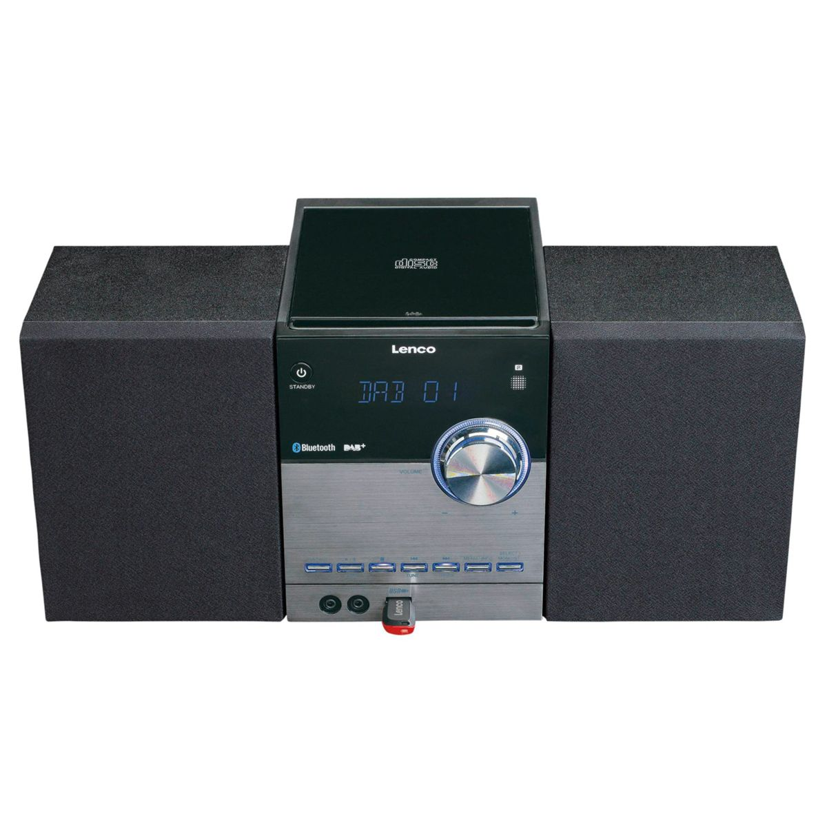 Lenco Hi-Fi-System mit zwei schwarzen Lautsprechern, digitalem Display, CD-Fach oben und rotem USB-Stick unten.