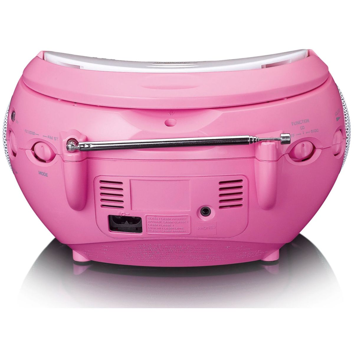 Vista posteriore di un boombox rosa rotondo con antenna, porte e maniglia bianca su una superficie lucida.