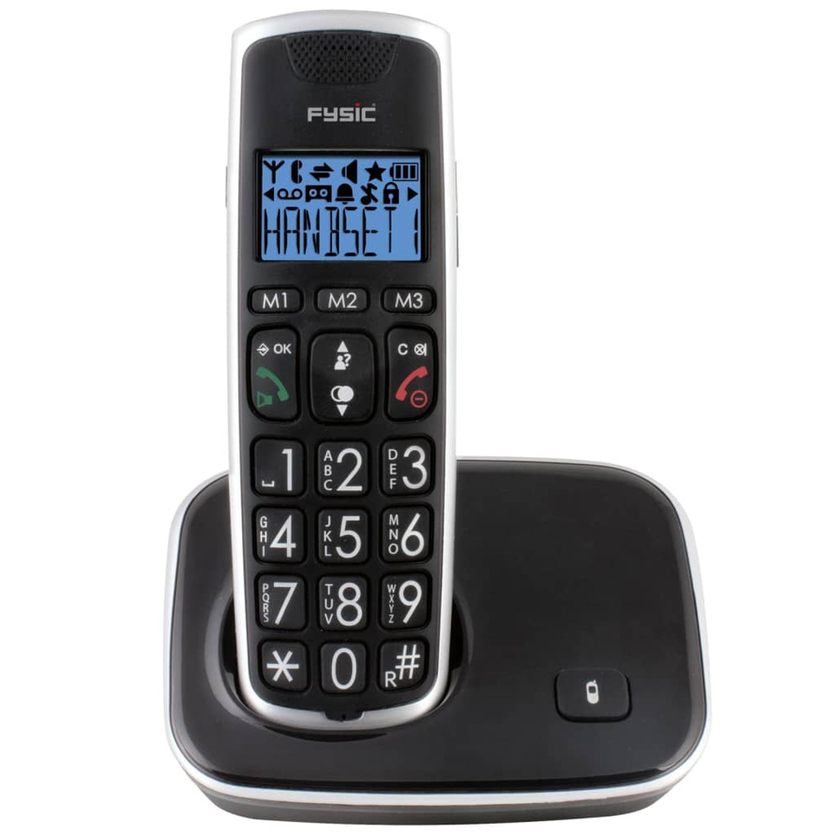 Ein schwarzes Fysic-Festnetztelefon mit großem Display und Tasten in einer Ladeschale.