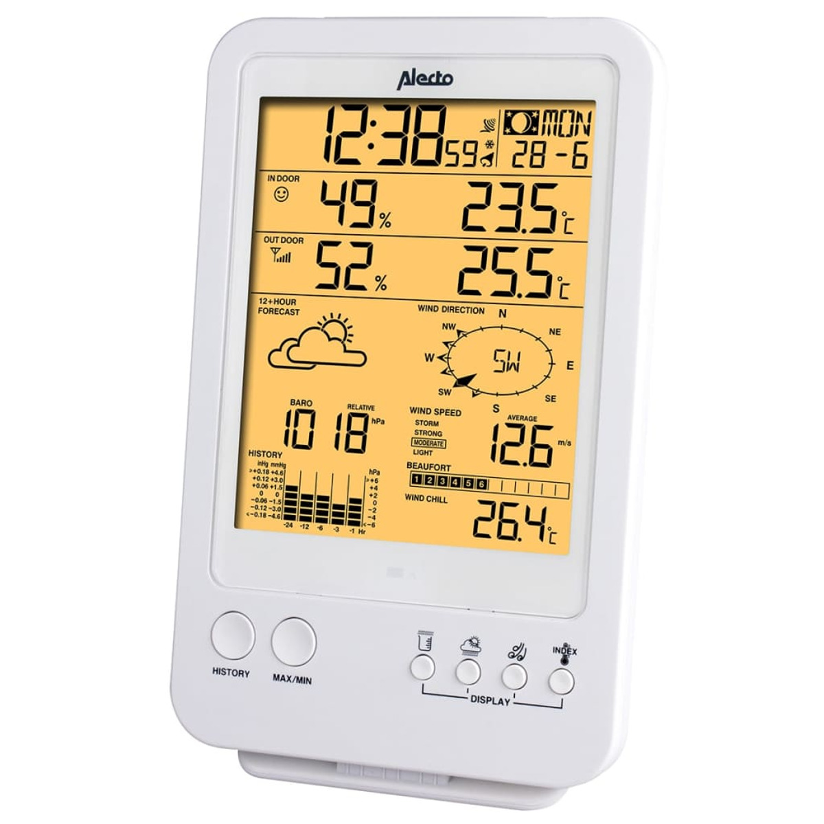 Eine weiße digitale Wetterstation mit großem LCD-Bildschirm zeigt Innen- und Außendaten, Uhrzeit und Prognose.