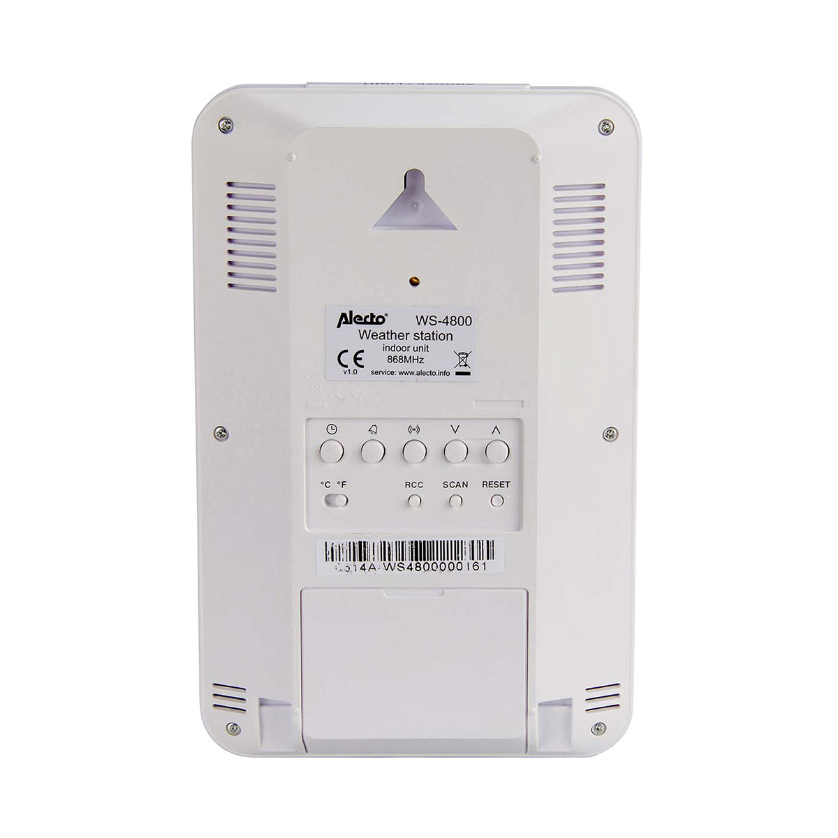Rückseite einer weißen Alecto WS-4800 Wetterstation mit Knöpfen, Etikett und Batteriefach.