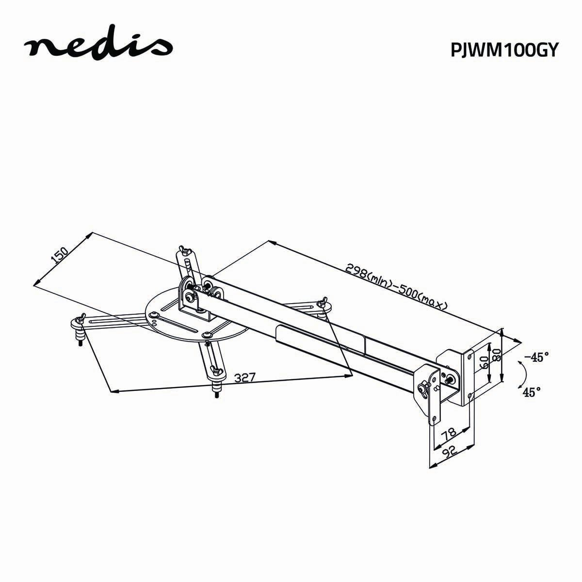Rysunek techniczny uchwytu do projektora Nedis PJWM100GY z wymiarami.