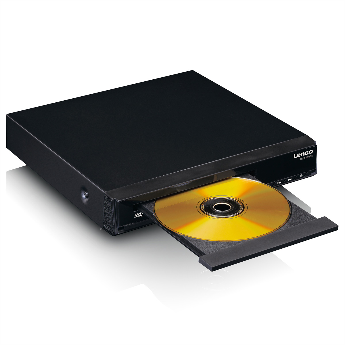 A black Lenco DVD player with an open disc tray and a golden disc inside against a white background.