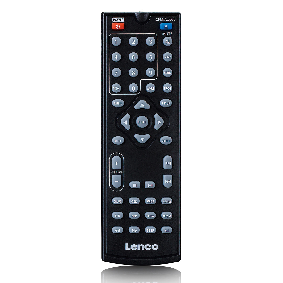 Black Lenco remote control with grey and colored buttons.