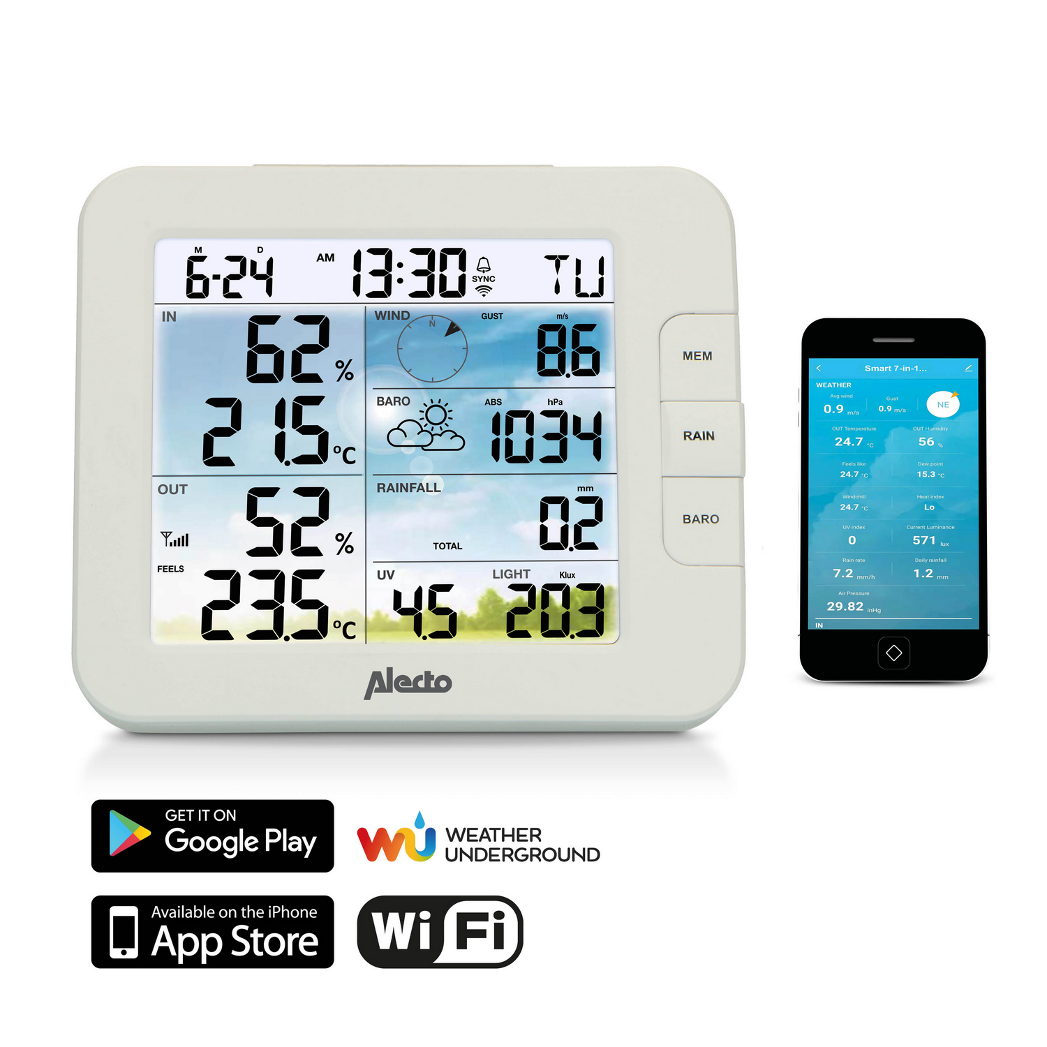 Alecto Wetterstation mit digitalem Display für Temperatur und Luftfeuchtigkeit, neben einer Smartphone-App.