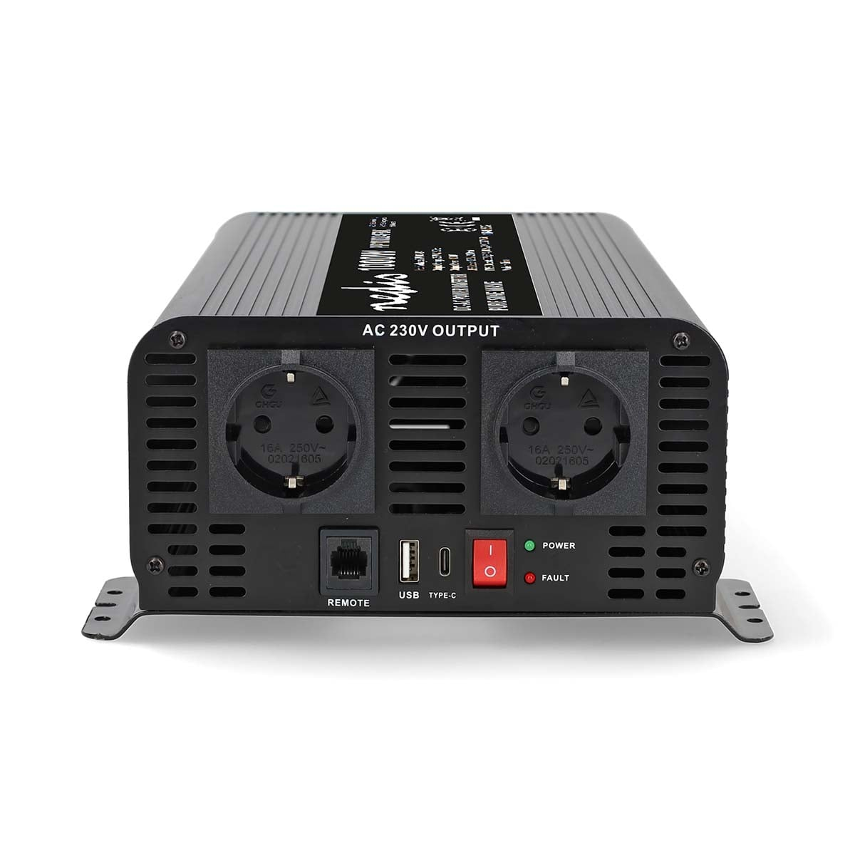 Schwarzer Wechselrichter mit zwei AC-Steckdosen, USB-Anschlüssen, Netzschalter und LED-Anzeigen auf weißem Grund.