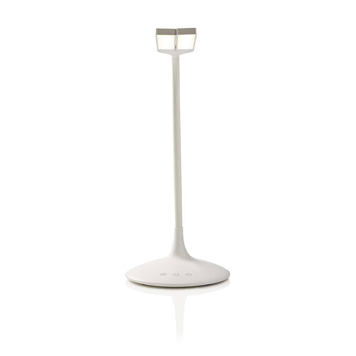 A white modern desk lamp with a slim stem, rounded base, and touch control buttons, set against a plain background.