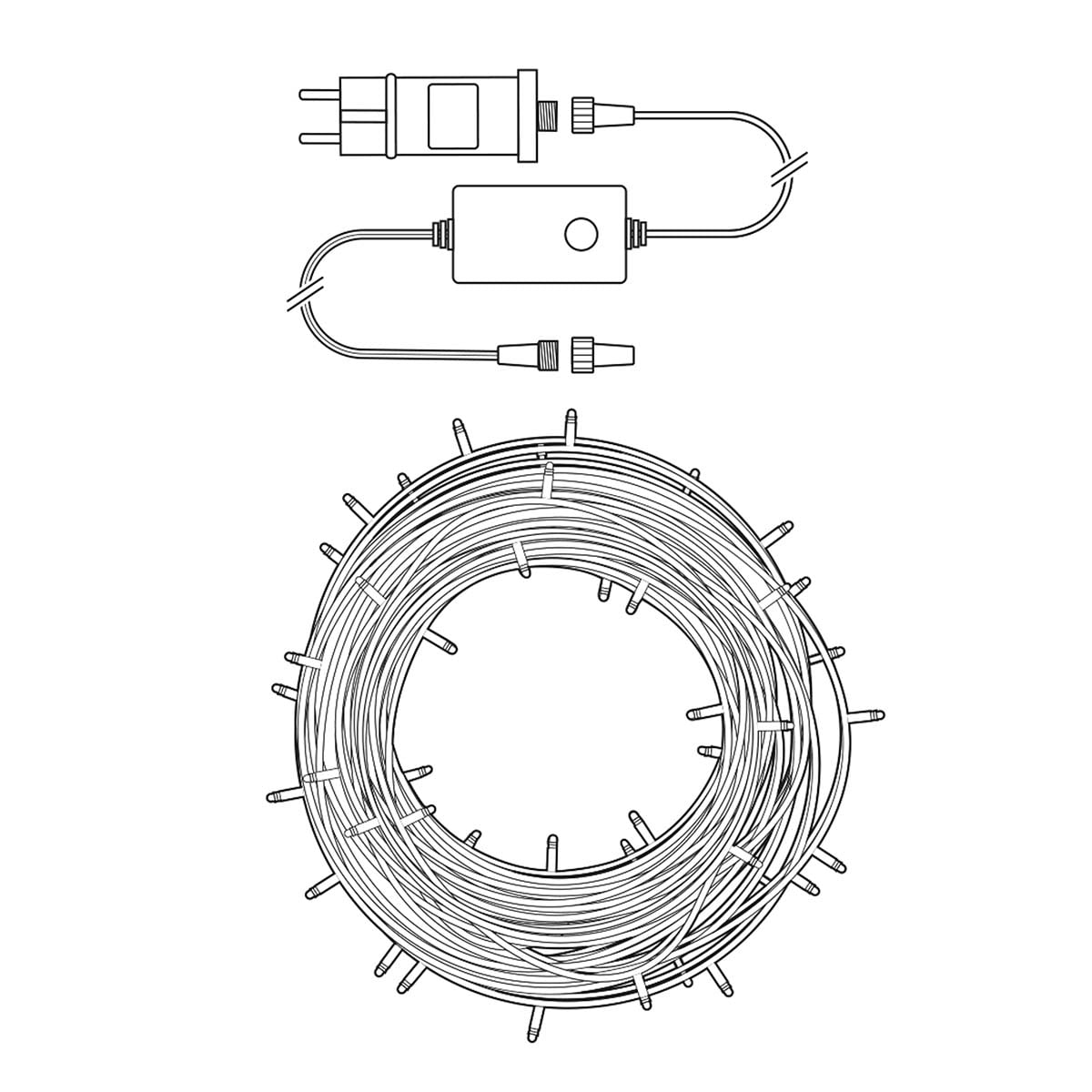 Linienzeichnung einer aufgerollten Lichterkette mit Netzstecker, Kabel und Steuereinheit.