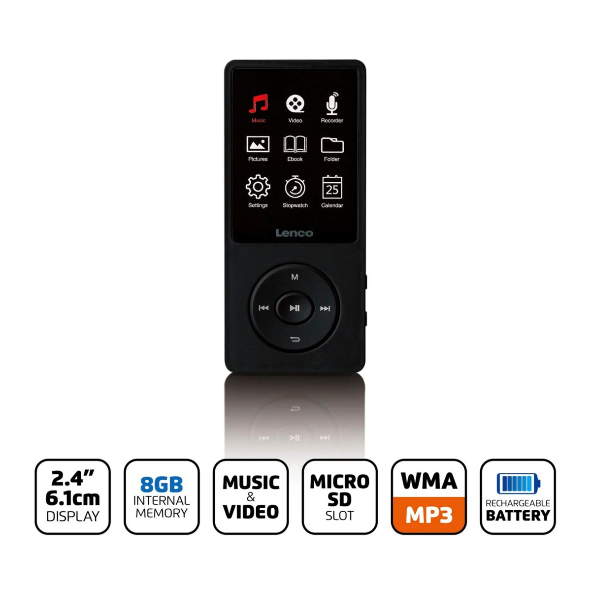 Ein schwarzer Lenco MP4-Player mit 2,4-Zoll-Display, Navigationstasten und Symbolen für Musik, Video und Einstellungen.