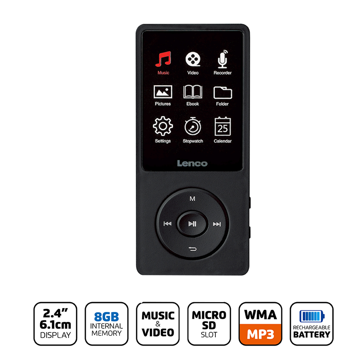 Schwarzer Lenco MP4-Player mit Display, Navigationstasten und Funktionssymbolen sowie Icons für Features unten.