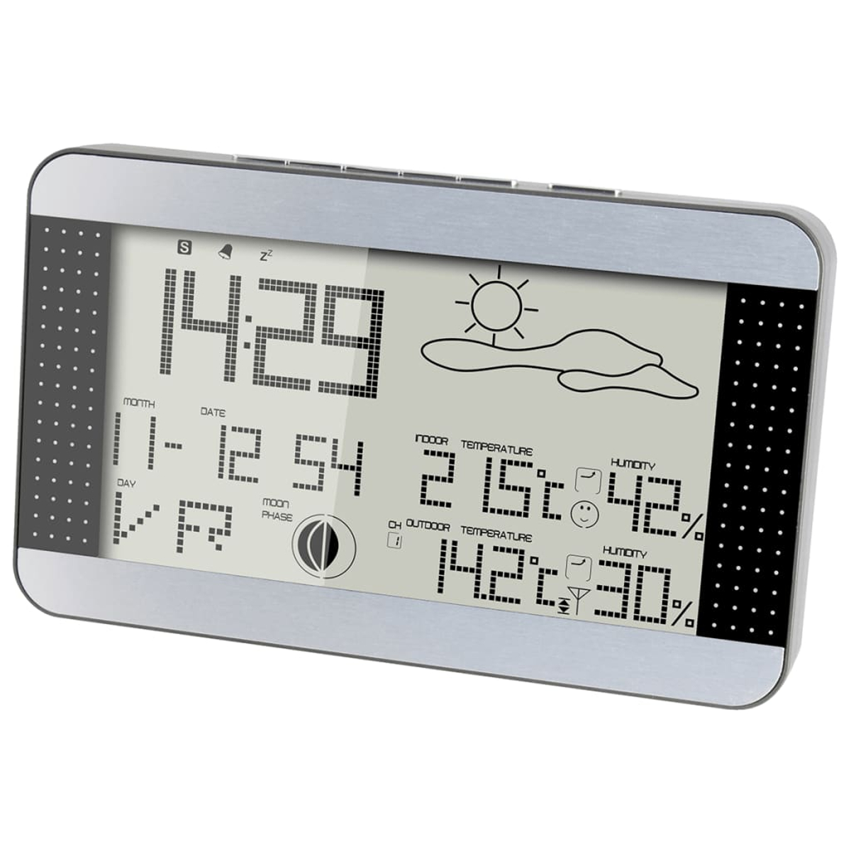Digital weather station with silver frame displaying time, date, temperature, humidity, and weather icons.