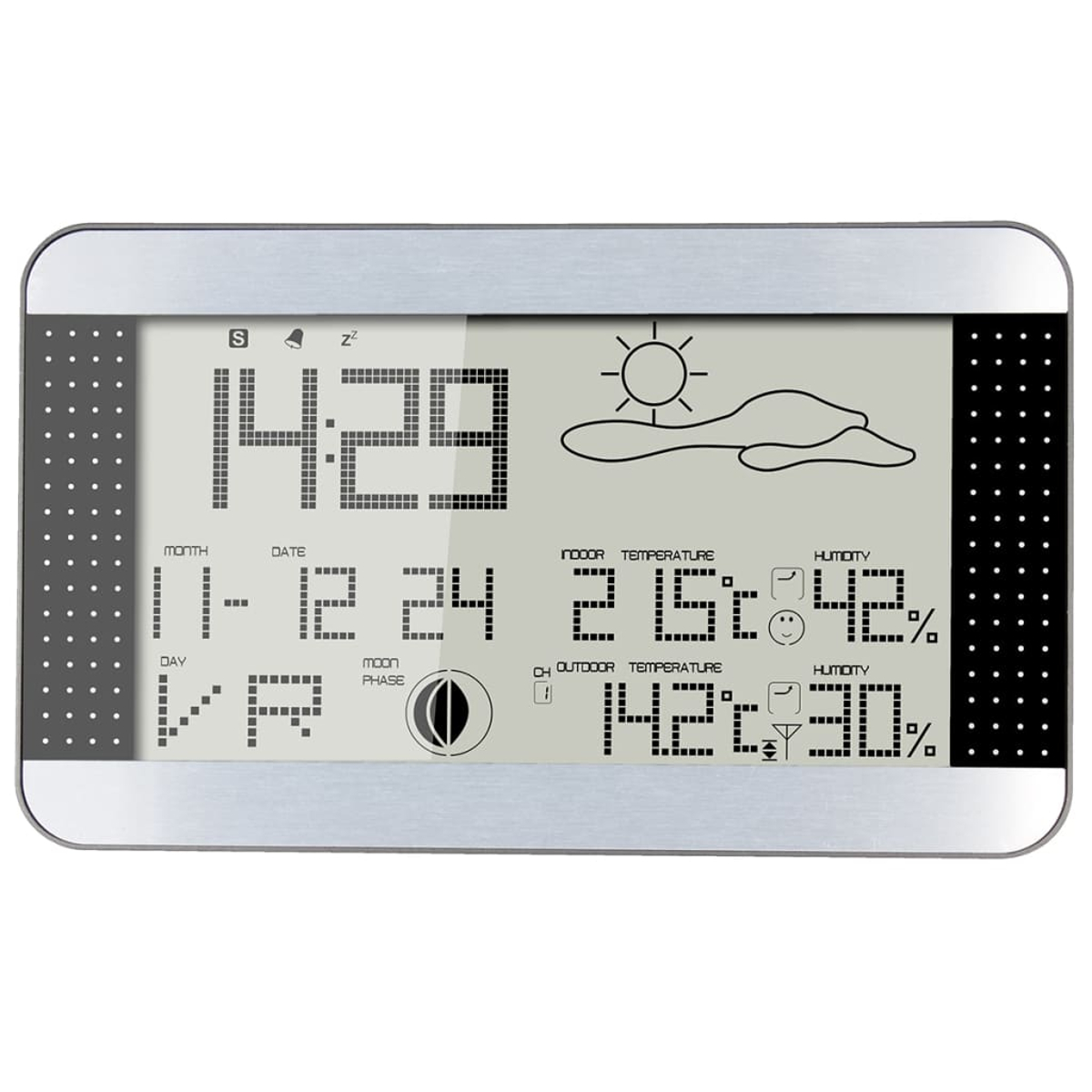 Digital weather station displaying time, date, moon phase, and indoor/outdoor temperature.