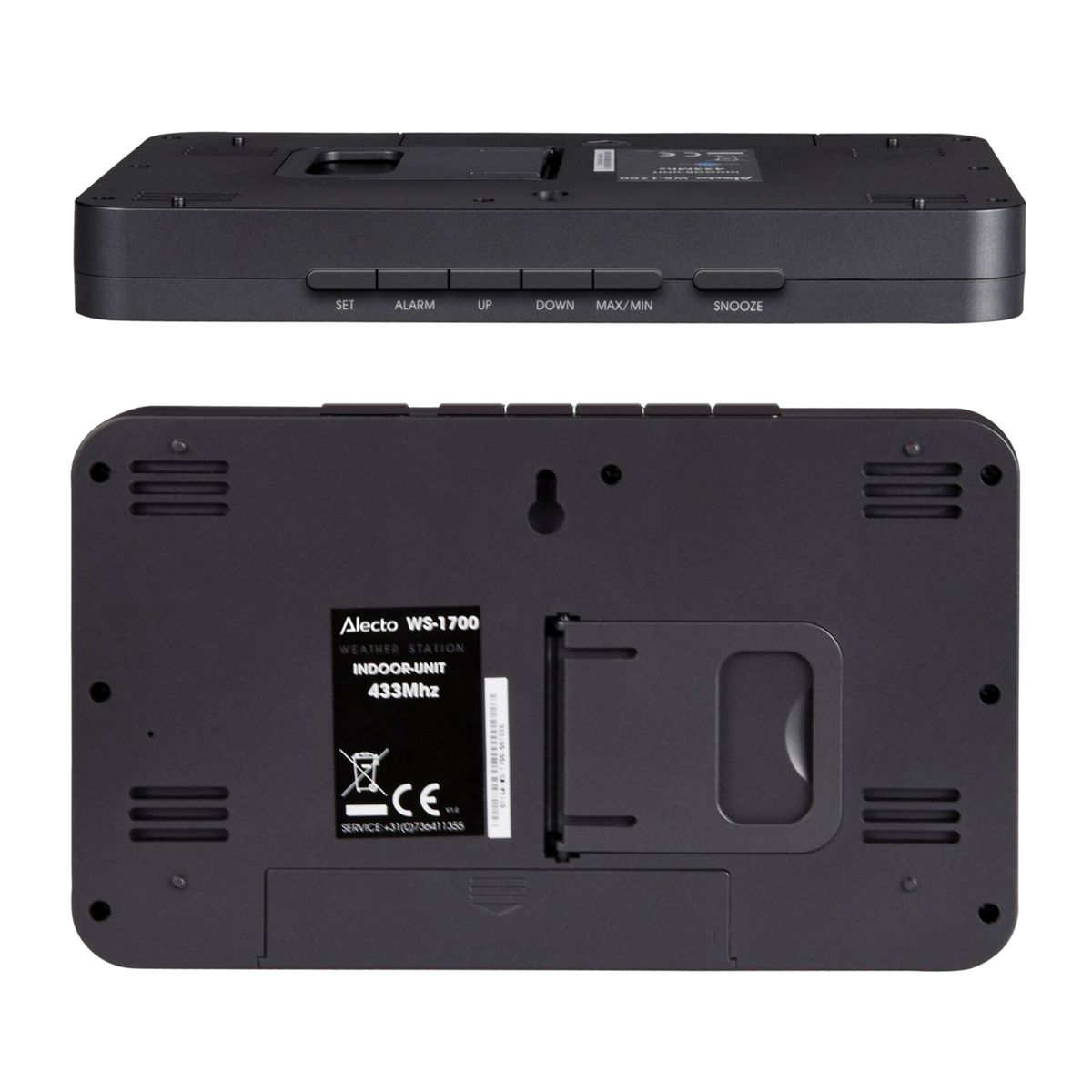 Rear and bottom view of a black Alecto WS-1700 weather station with buttons, stand, and speaker slots.