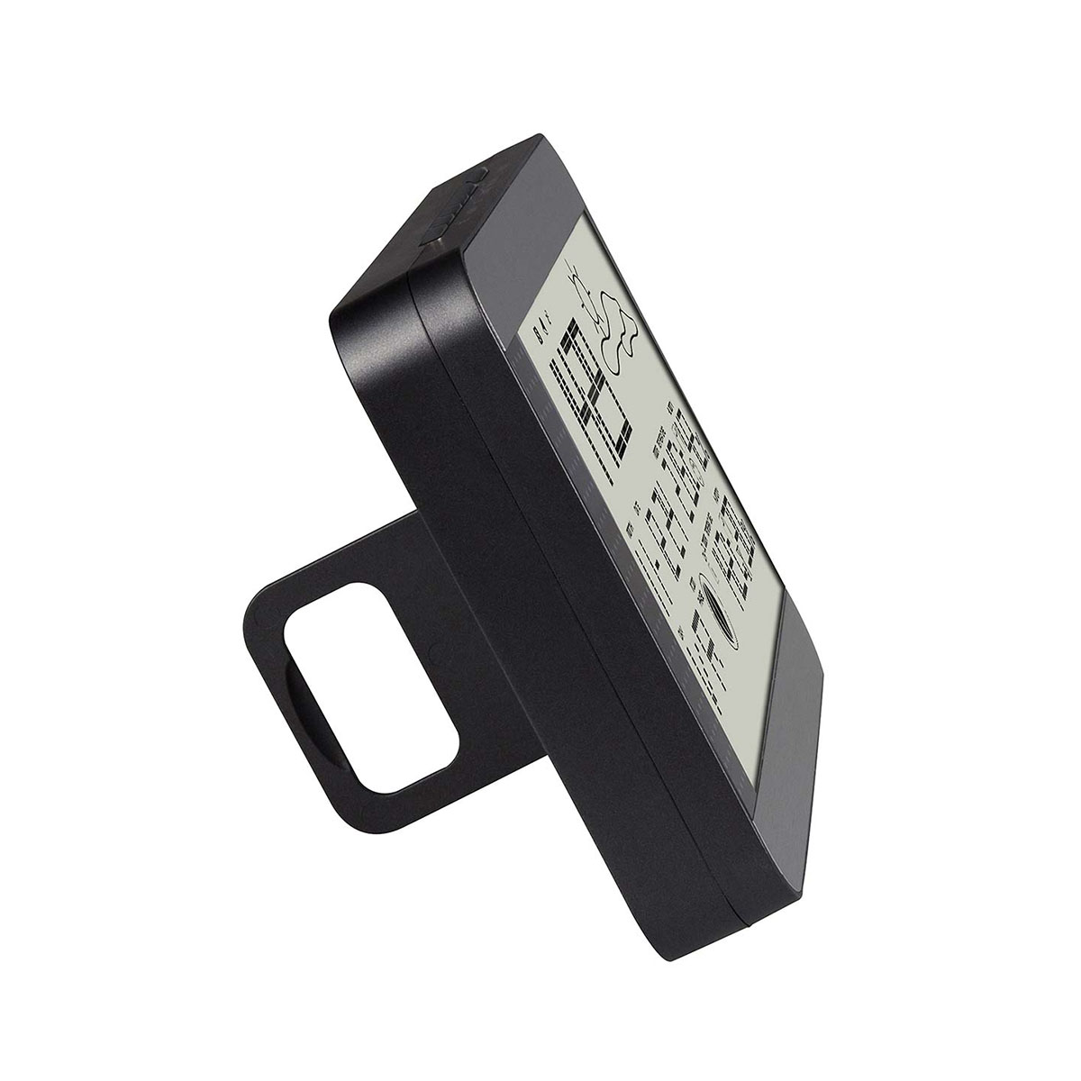 Black electronic device with a stand and digital display against a white background.
