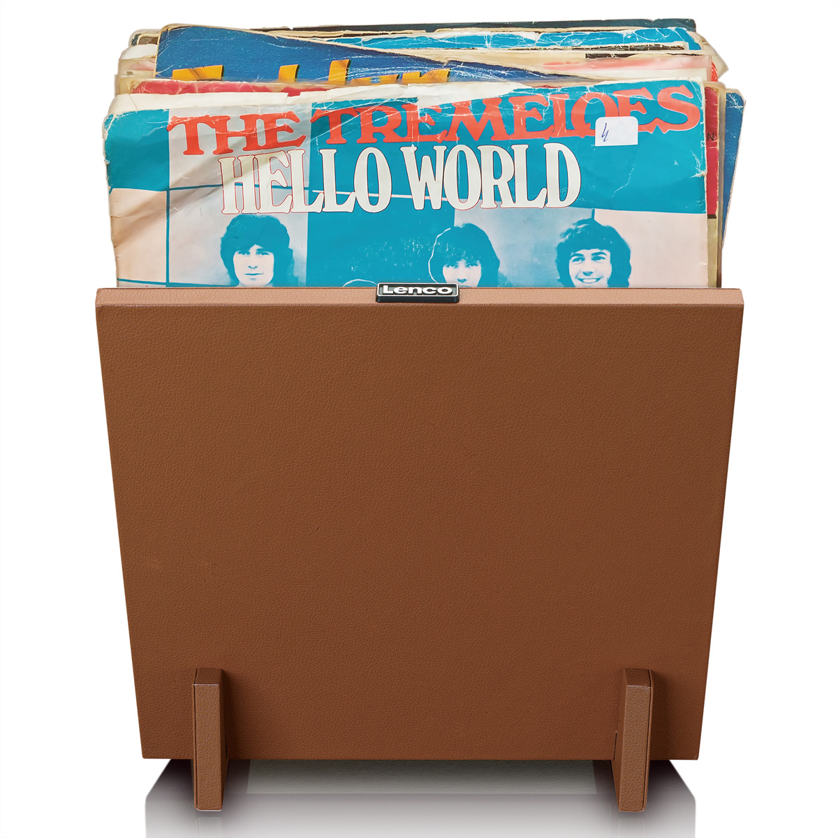 A brown Lenco record holder holds vintage vinyl singles with blue covers against a white background.