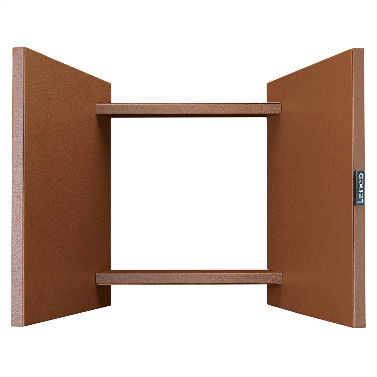 A brown leather-wrapped storage unit with two horizontal shelves and open sides on a white background.