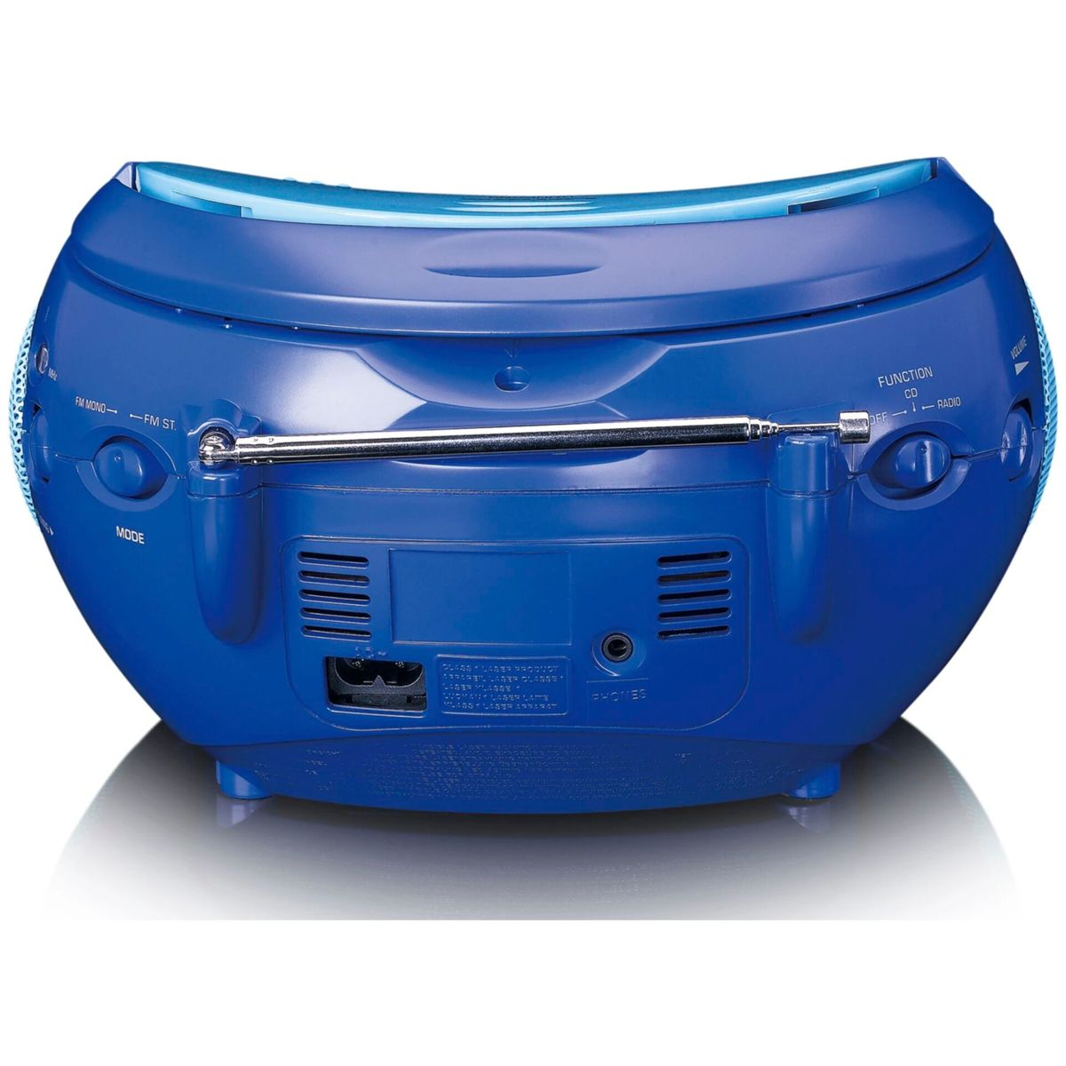 Rückansicht eines blauen tragbaren CD-Boomboxes mit Metallantenne sowie Strom- und Kopfhöreranschlüssen.