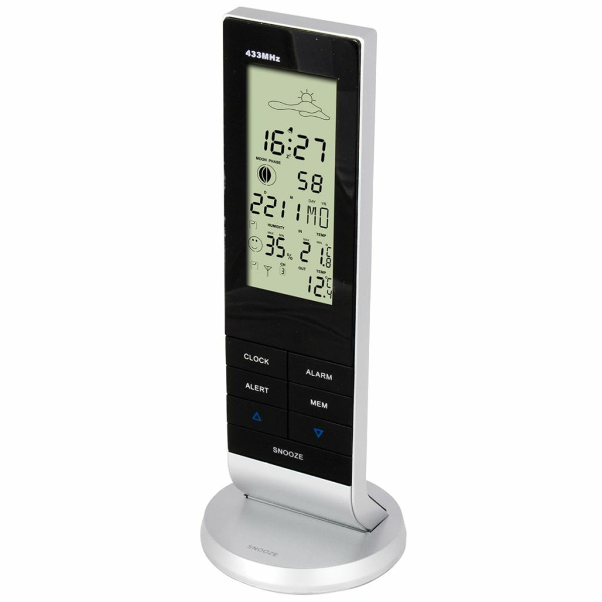 Eine vertikale Wetterstation auf einem runden Ständer zeigt Uhrzeit, Temperatur, Luftfeuchtigkeit und Mondphasen an.