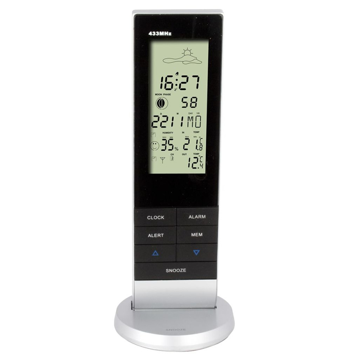 Eine schwarze und silberne digitale Wetterstation mit LCD-Bildschirm und Tasten auf einem runden Sockel.