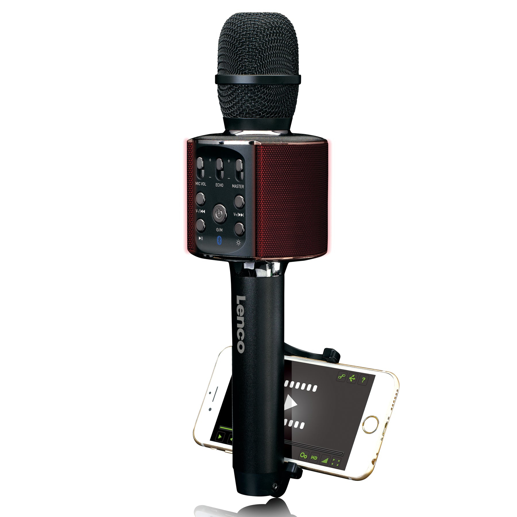 Ein schwarzes Lenco Karaoke-Mikrofon mit eingebauten Lautsprechern und einer Smartphone-Halterung.
