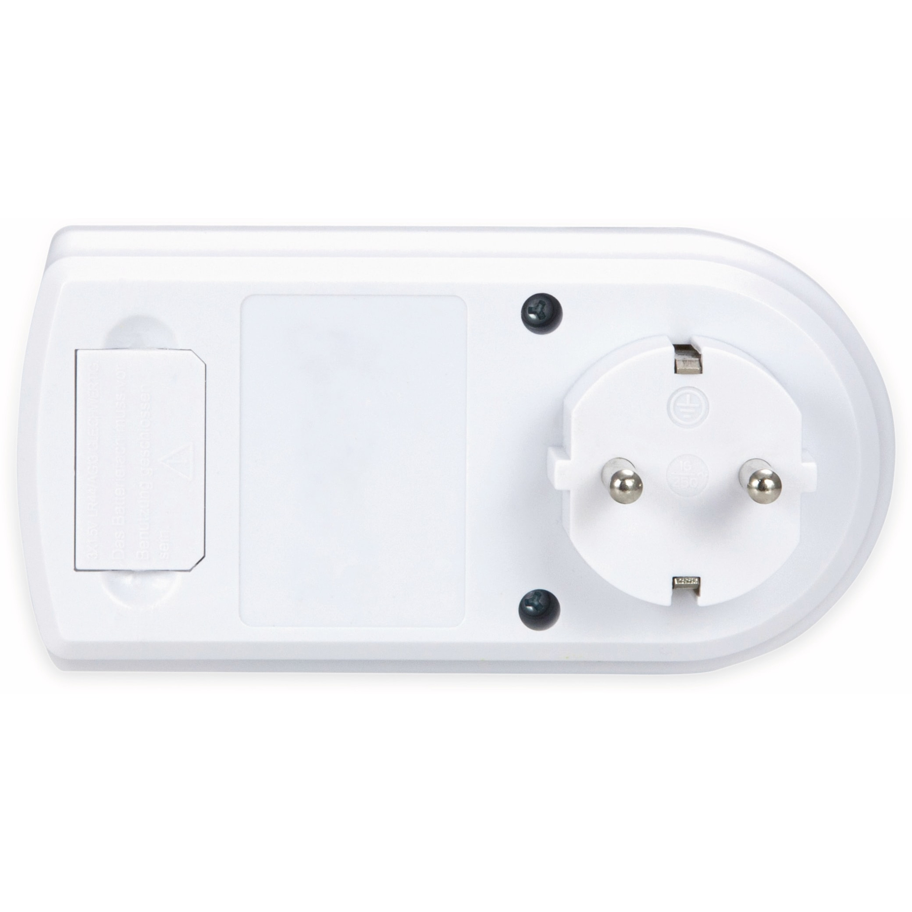 Weißer Netzadapterstecker mit zwei runden Stiften und einem Batteriefach auf der Rückseite.