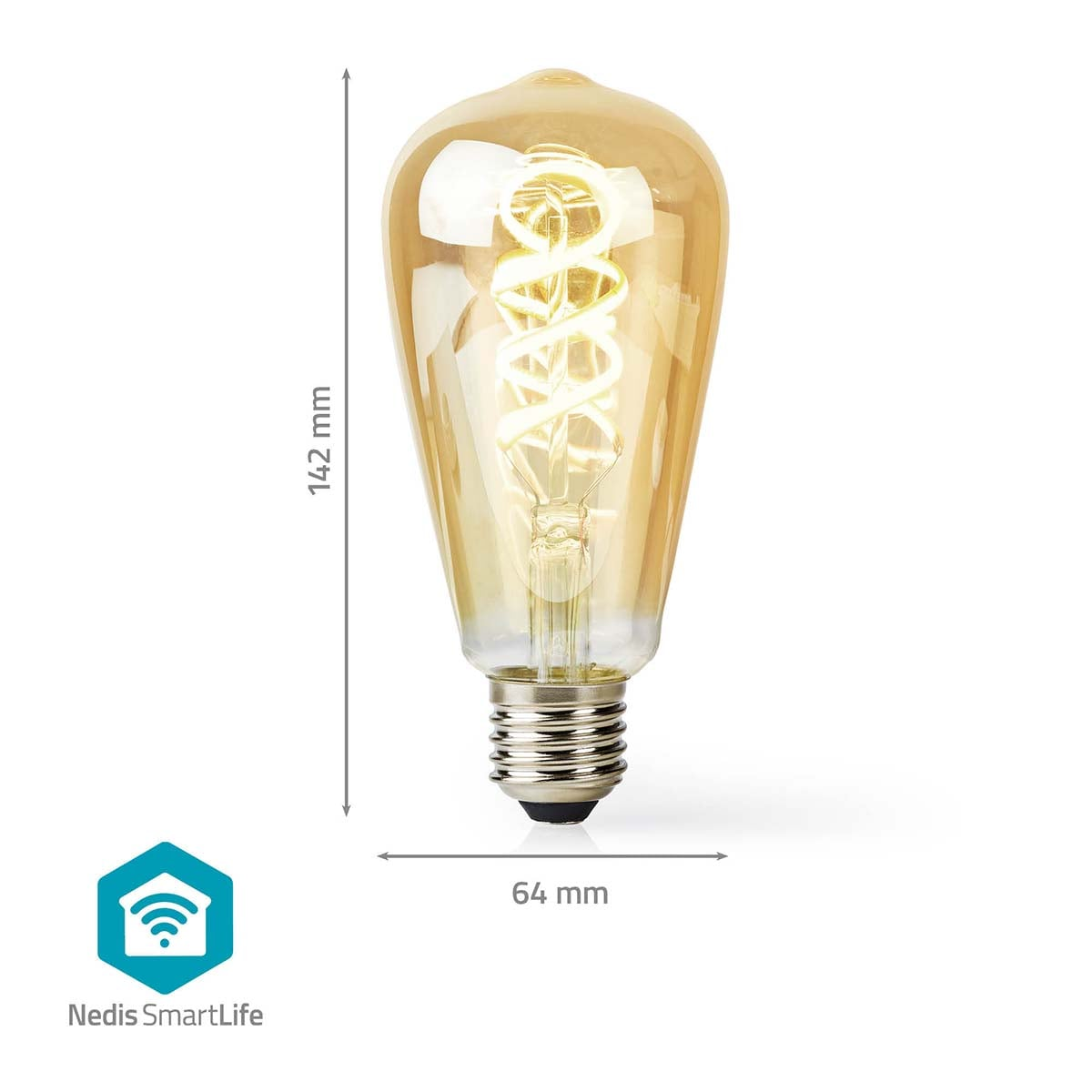 Staromodna żarówka LED z bursztynowym szkłem, o wysokości 142 mm i szerokości 64 mm, z logo Nedis SmartLife.