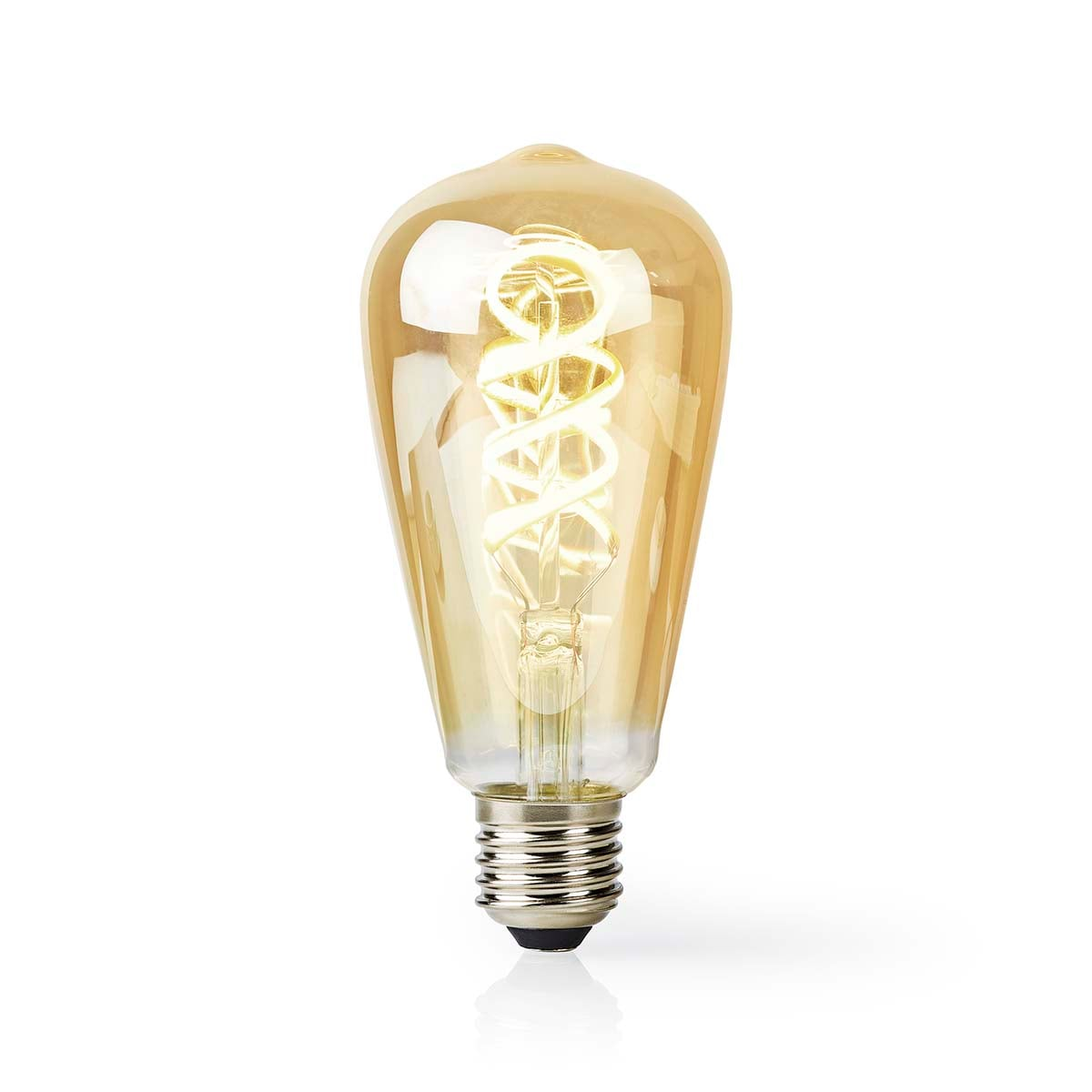 Bursztynowa żarówka vintage z żarnikiem spiralnym na białym tle.