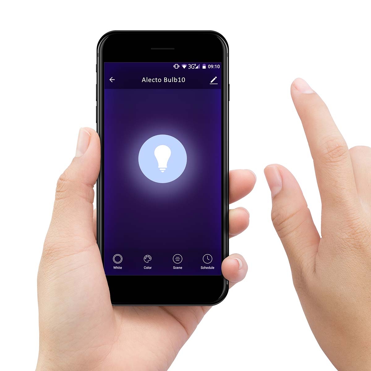 Eine Hand hält ein Smartphone mit einer Smart-Home-App zur Steuerung einer Glühbirne.