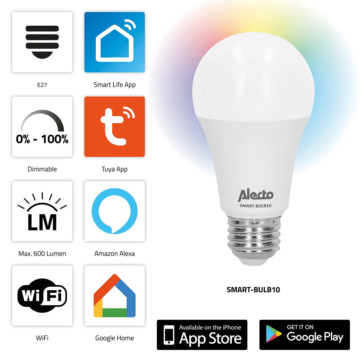 Alecto Smart-Glühbirne mit App-, WLAN- und Sprachsteuerungssymbolen sowie Store-Badges.