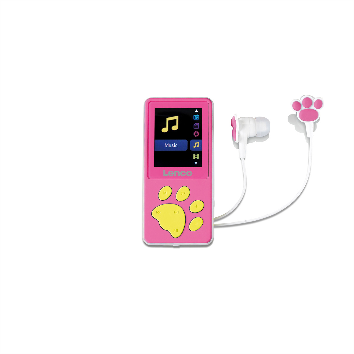 Ein pinkes MP3-Alaburn-Gerät mit gelben Pfötchen-Tasten und weißen Ohrhörern, die ebenfalls ein pinkes Pfötchendesign haben.