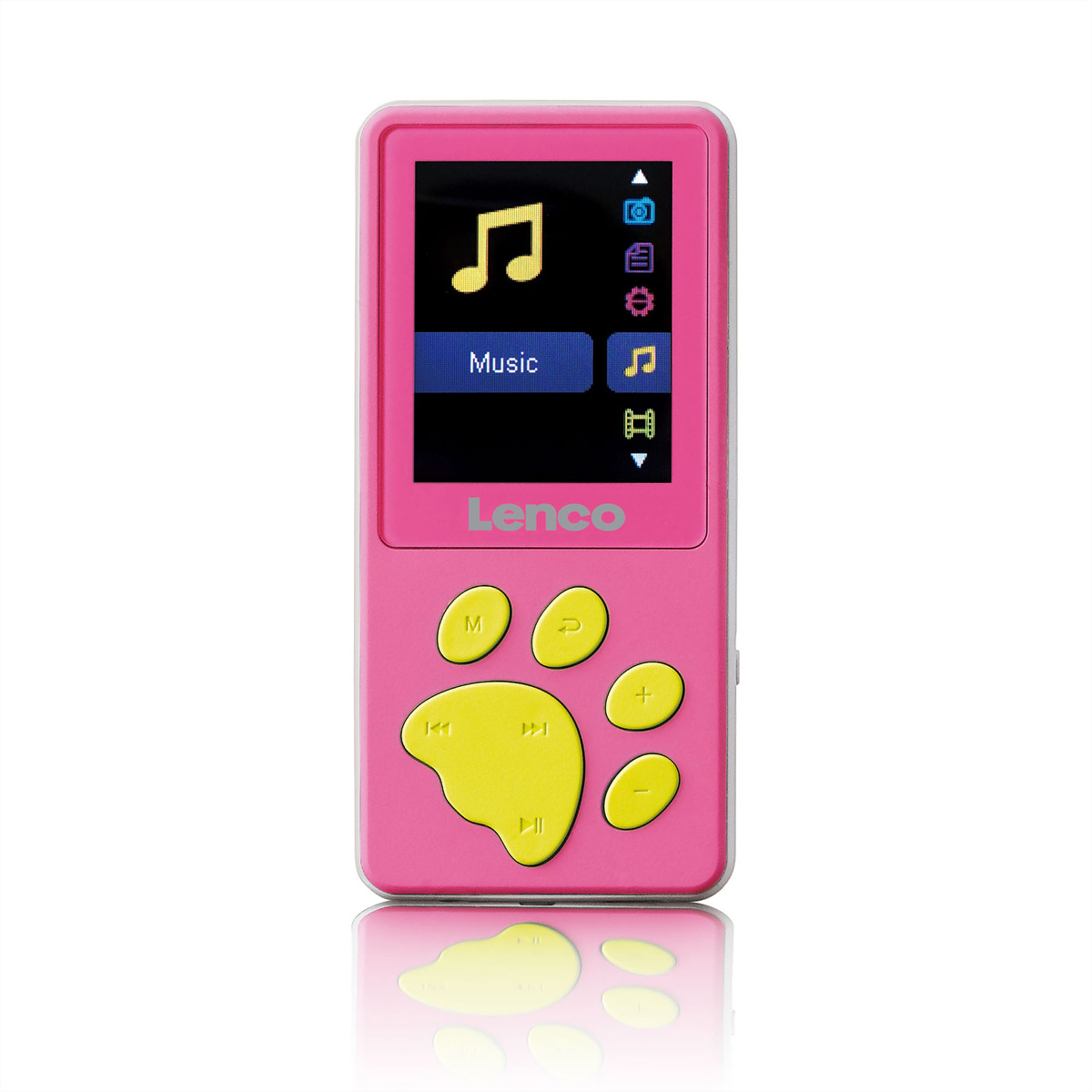 Ein pinker Lenco MP3-Player mit gelben Tasten in Pfotenform und einem Farbdisplay.