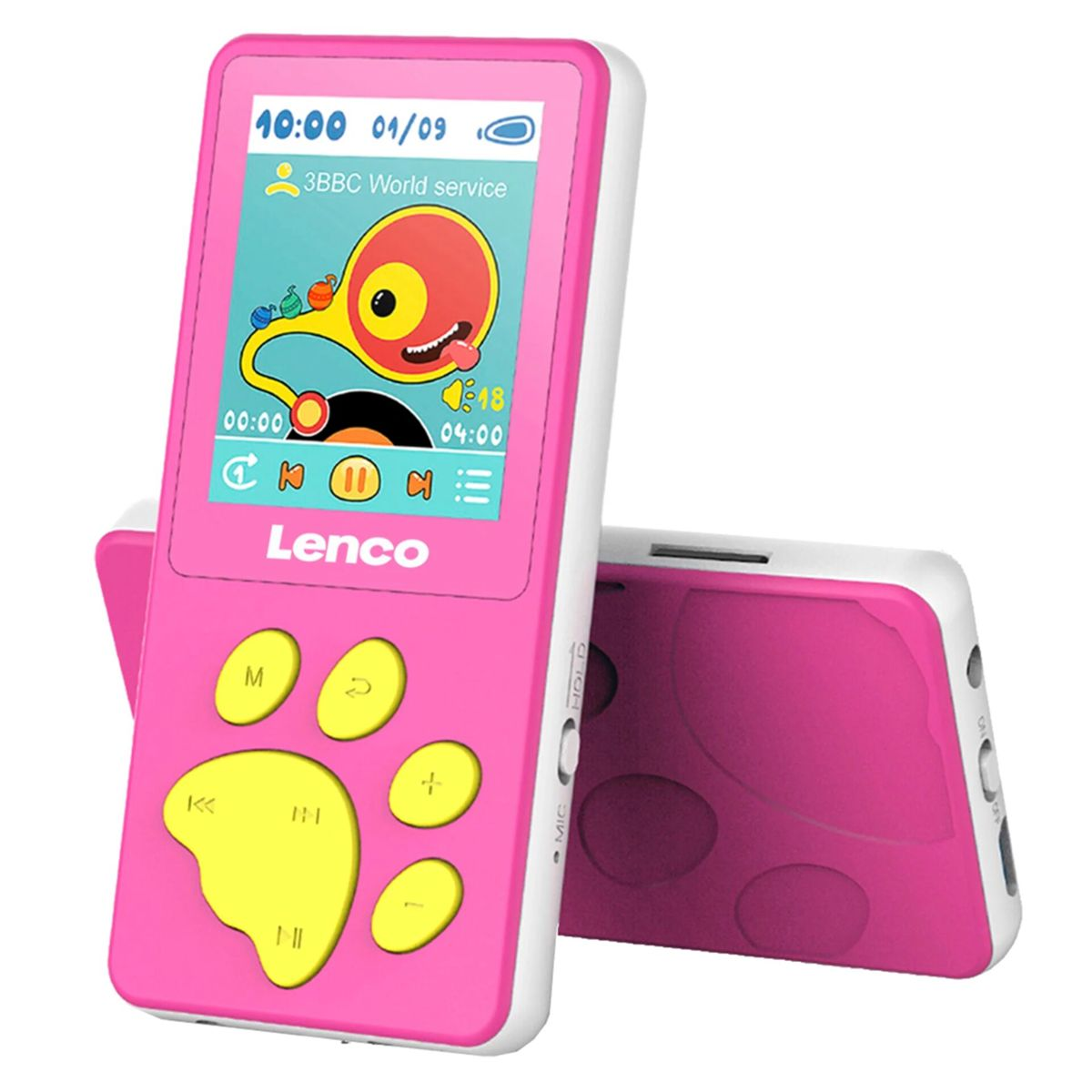 Rosa MP3-Player von Lenco mit Bildschirm und gelben Pfotentasten.