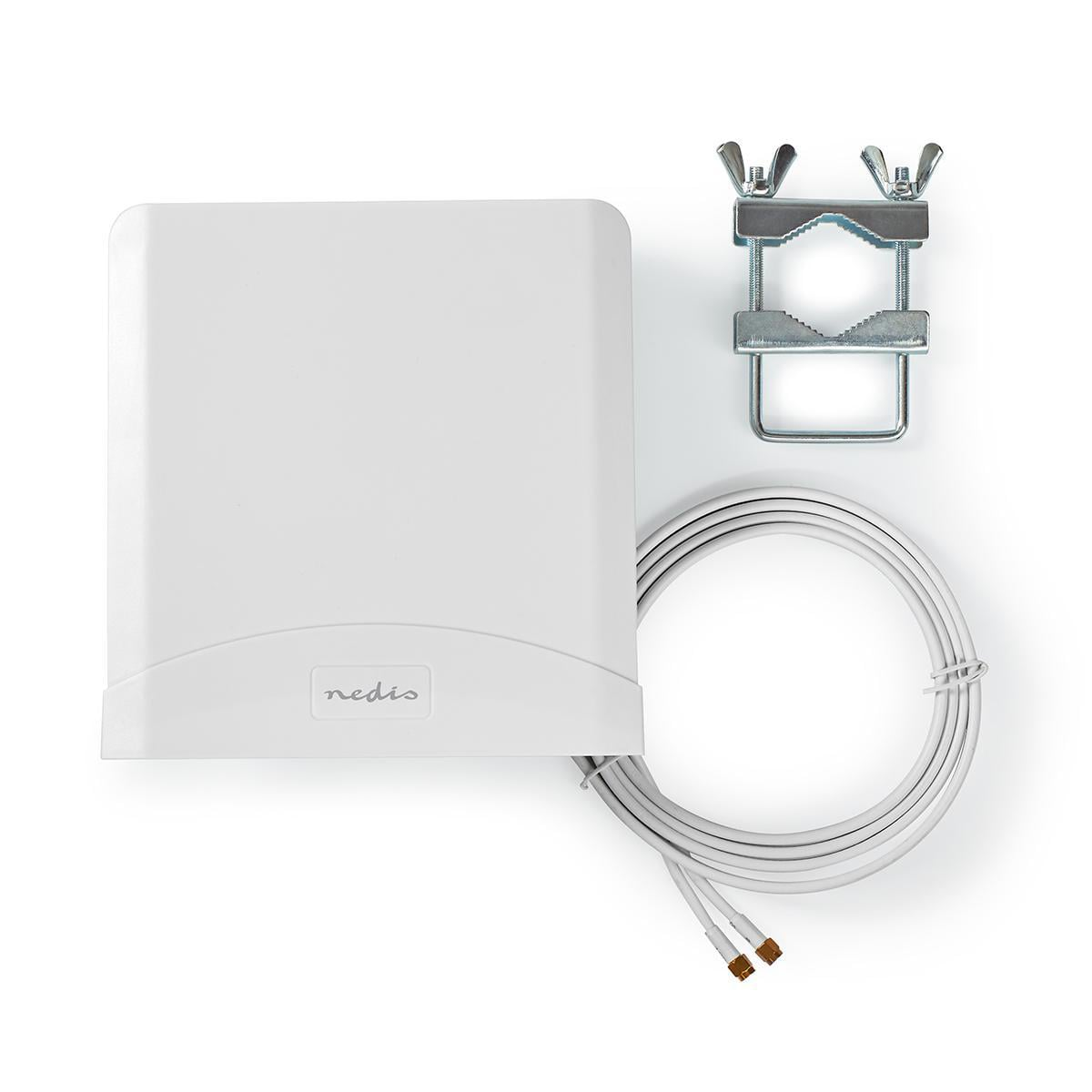 Weiße Nedis Antenne mit Halterung und Kabel auf weißem Hintergrund.