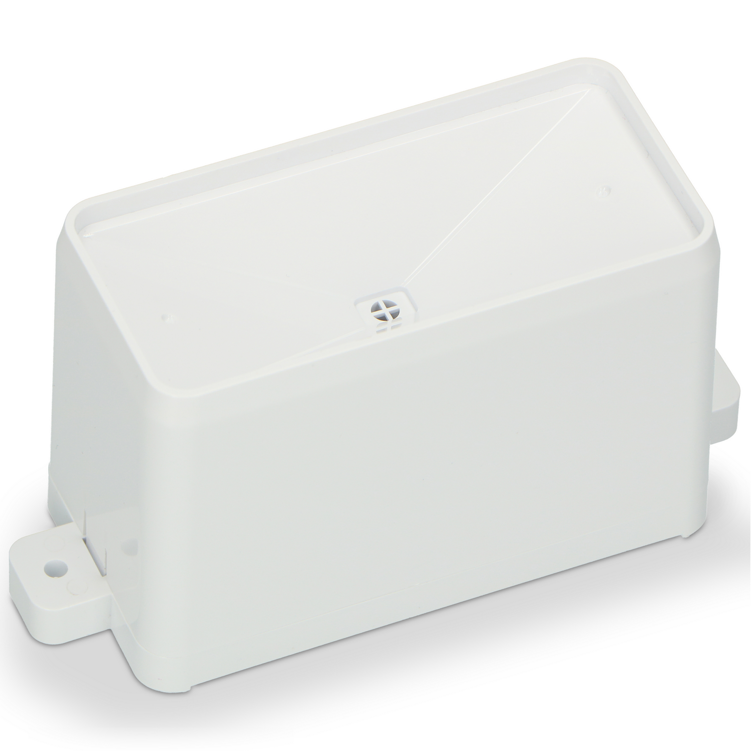 Eine rechteckige, weiße Plastikbox mit abgerundeten Ecken und einer kleinen Lasche mit Loch auf der linken Seite.