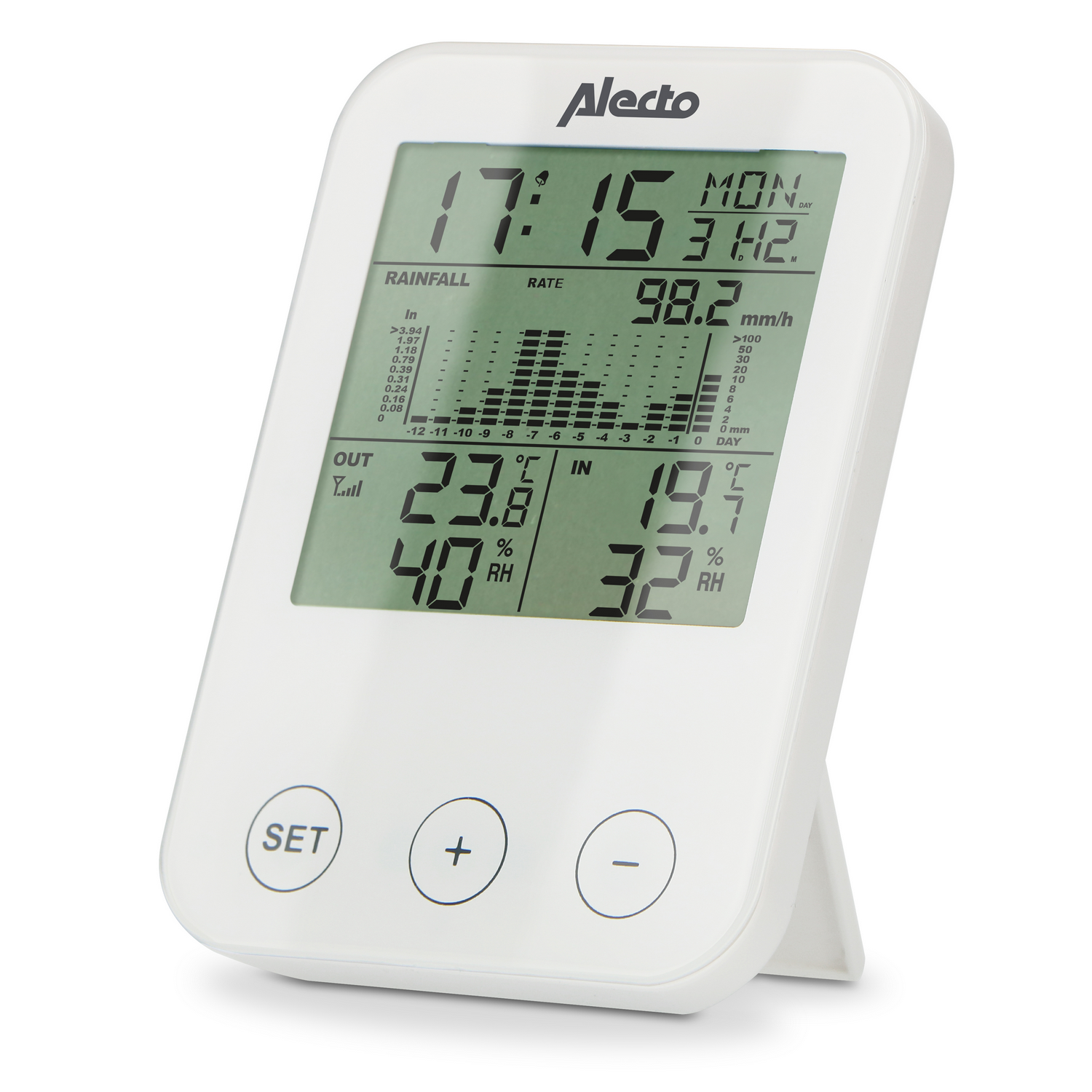 Weiße digitale Wetterstation mit LCD-Bildschirm für Uhrzeit, Regenrate, Innen- und Außentemperatur und Luftfeuchtigkeit.