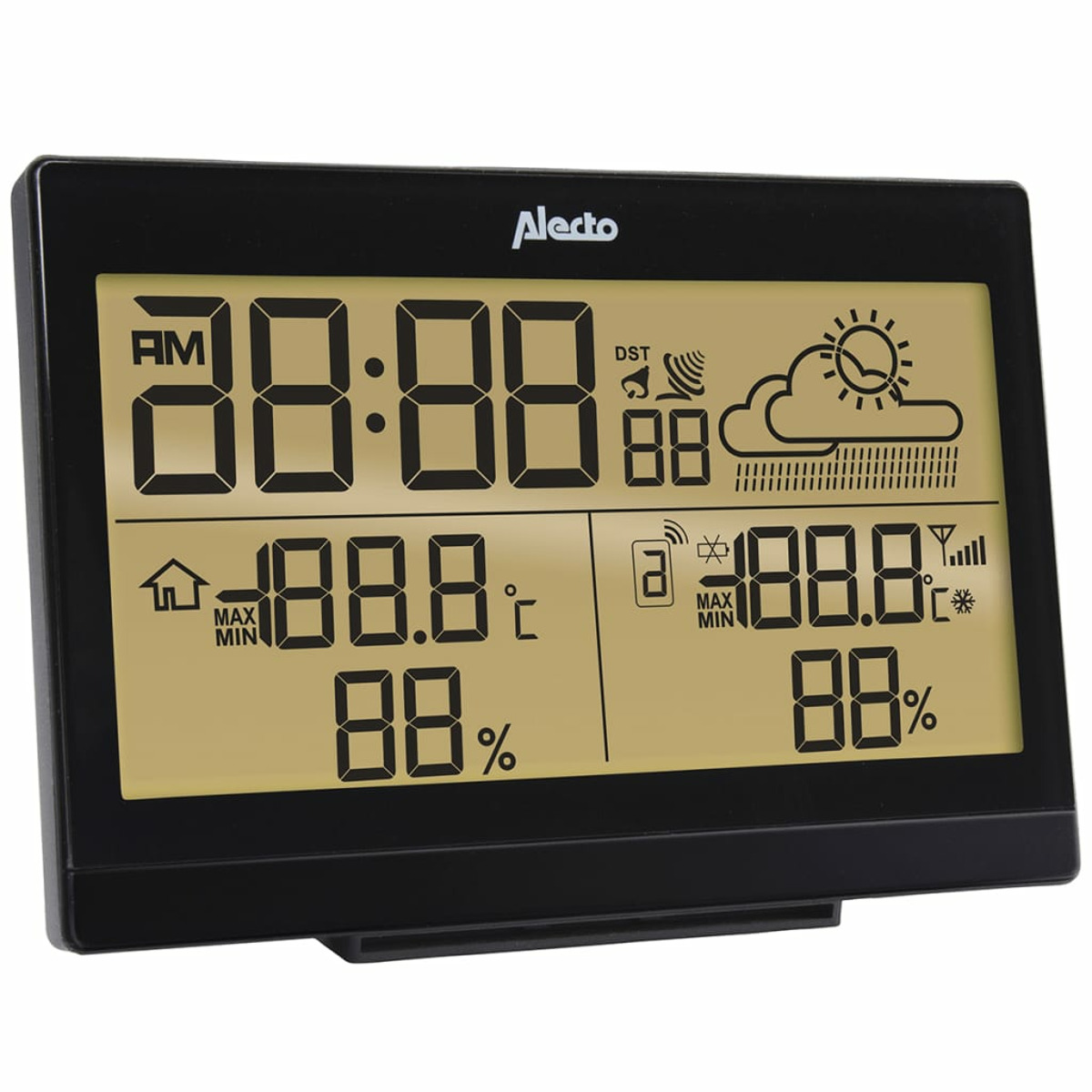 A black digital weather station with an LCD screen displaying time, temperature, and weather conditions.