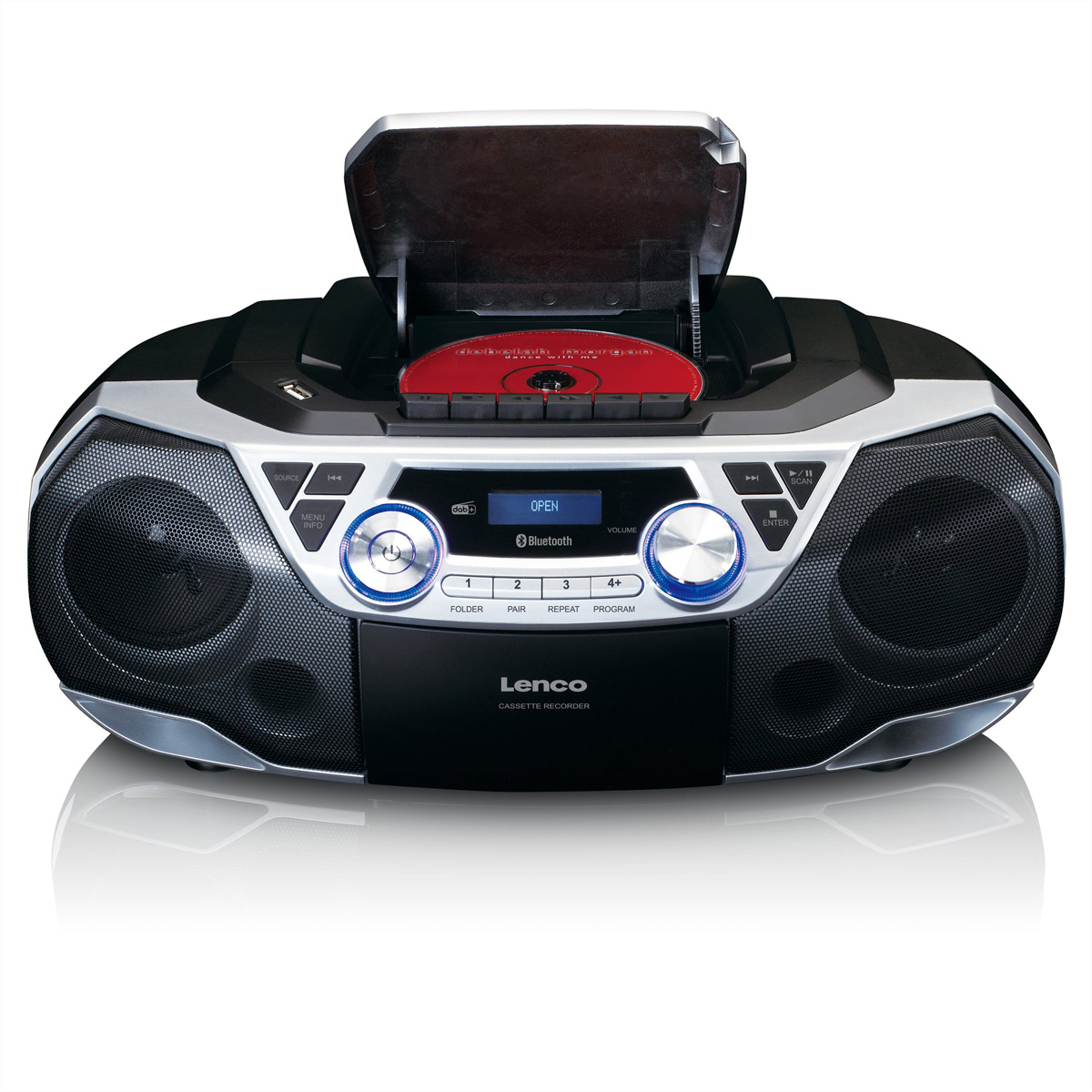 Ein schwarz-silberner Lenco Ghettoblaster mit geöffnetem CD-Fach und roter CD, Lautsprechern und digitalem Display.