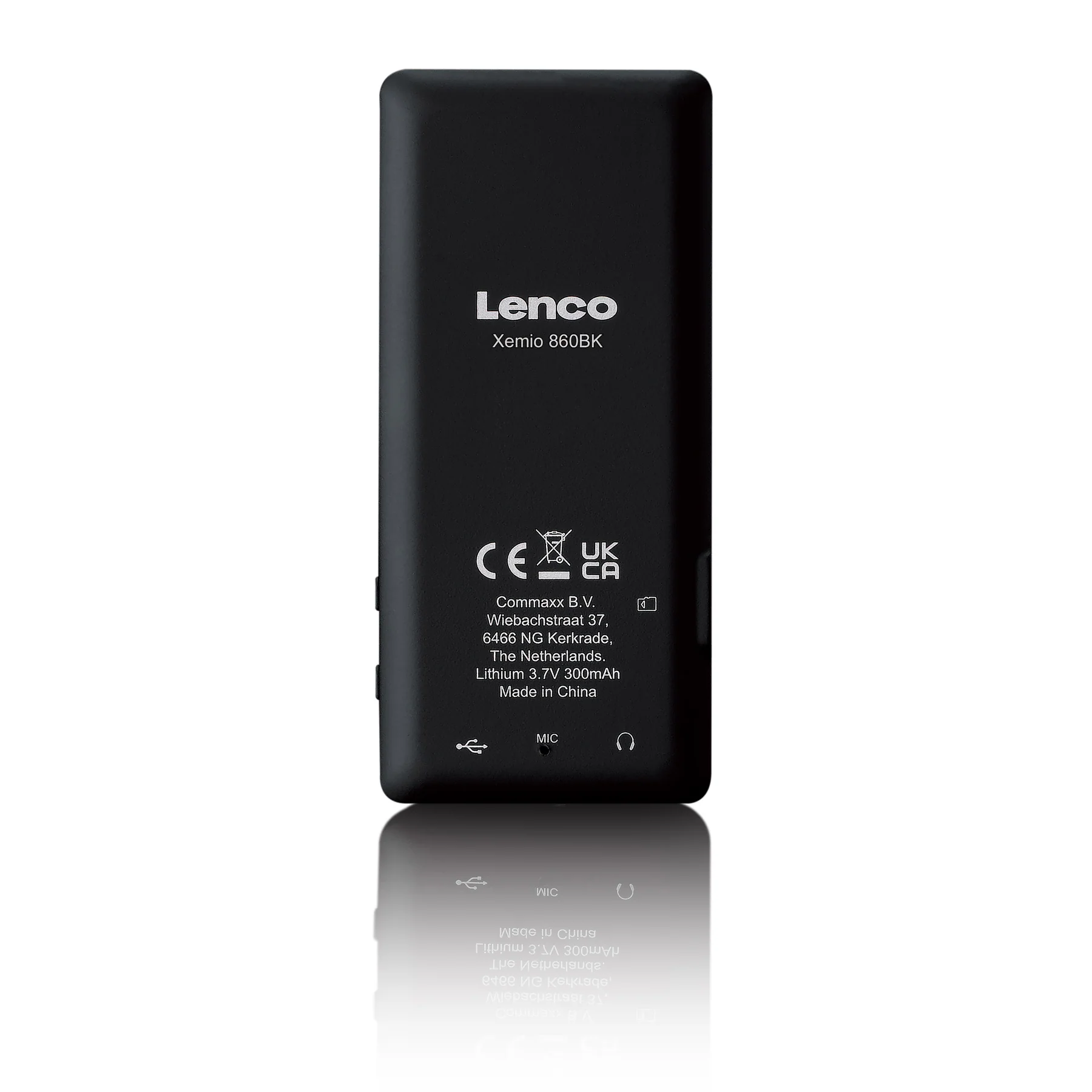 Rückseite eines schwarzen Lenco Xemio 860BK MP3-Players mit Markenlogo, technischen Daten und Anschlüssen.