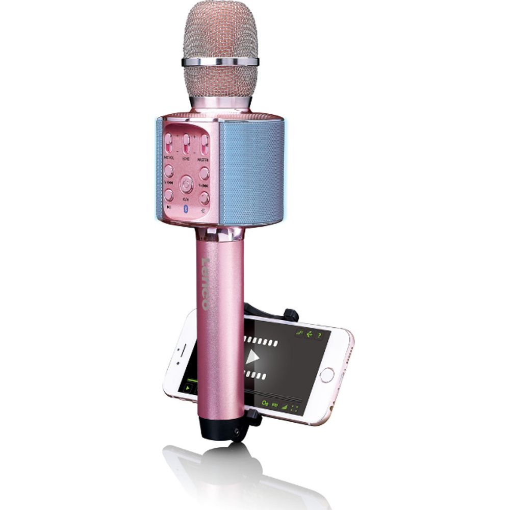 A pink karaoke microphone with built-in speakers, control buttons, and a smartphone mount.
