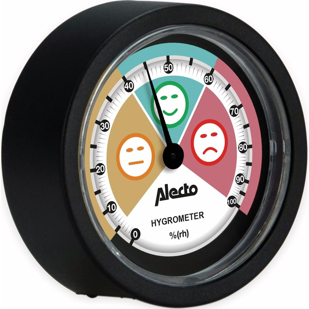 Ein schwarzes Alecto Hygrometer mit farbigen Zonen und Smiley-Gesichtern.