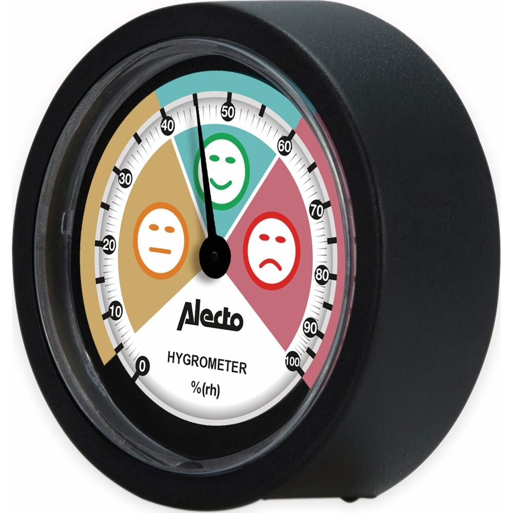 Ein schwarzes Alecto Hygrometer mit farbigem Zifferblatt, das Emoticons und Feuchtigkeitswerte anzeigt.