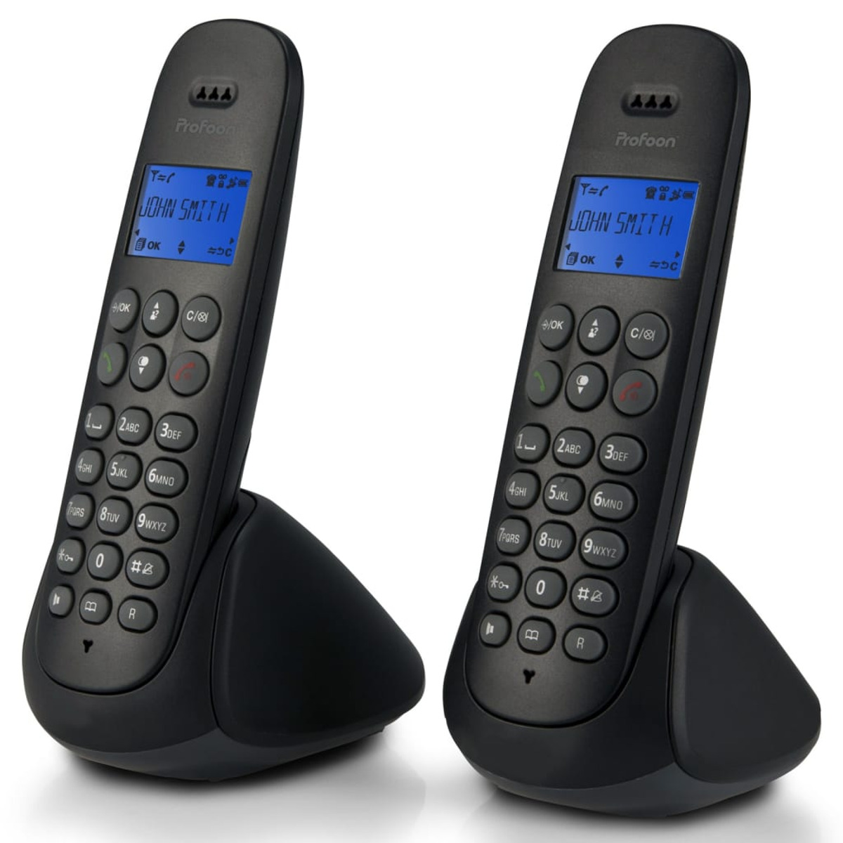 Two black Profoon cordless phones stand on charging bases, featuring blue backlit screens and keypads.
